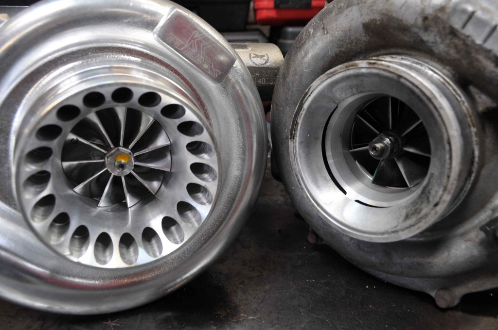 The stock GT3782V turbo (right) is a variable-vane charger made by Garrett and has a 58mm compressor wheel.