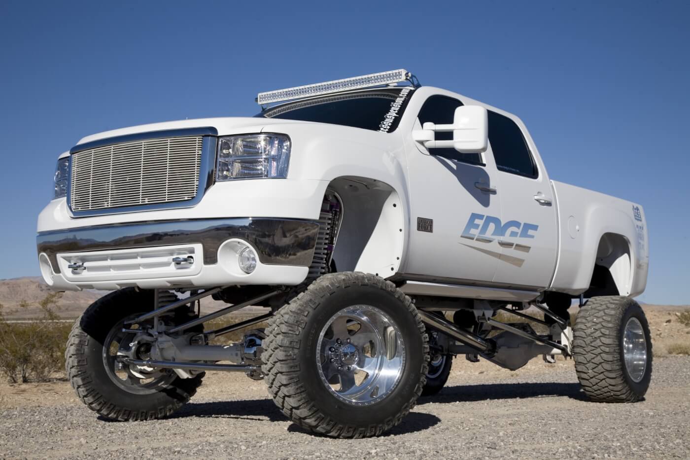 The 2008 Sierra 4x4 truck gets its lift from a 7-inch TCS Suspension kit. The TCS kit is said to be 100-percent bolt-on, no welding or cutting required. Notice the T-Rex grille and the Rigid LED light bar mounted using TCS light bar brackets.