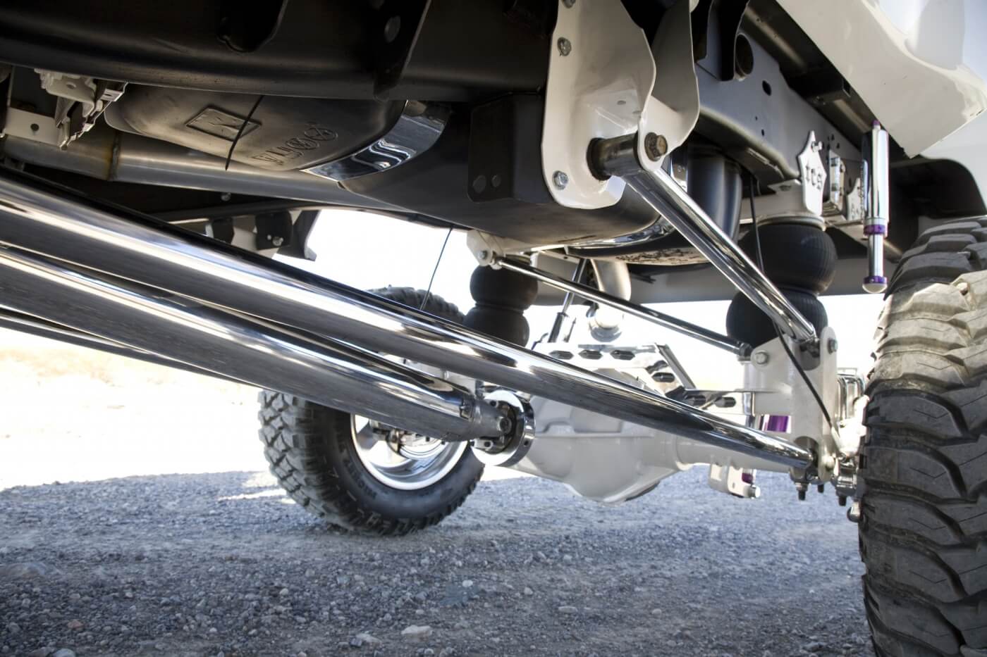 The rear suspension is also from TCS. This four-link setup uses an air bag system with King shocks and bump stops. 