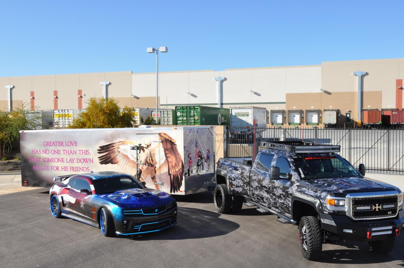 Kelly Fromm is passionate about helping wounded warriors and he takes his decked-out Camaro all over the country to raise awareness. He uses this 2015 GMC Denali to haul the car and trailer.