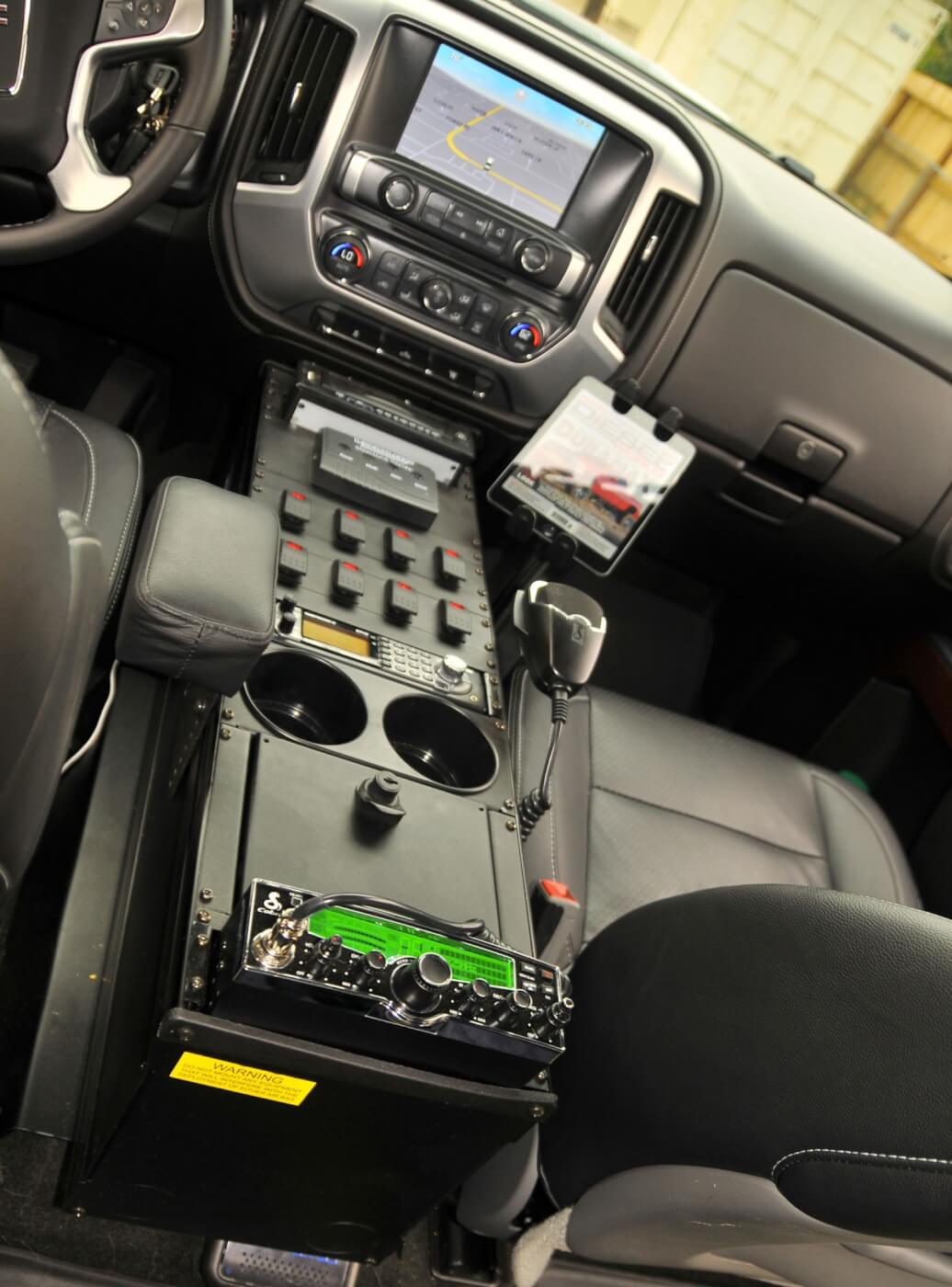 There’s a slew of electronics in the 2015 GMC, including a CB radio, police scanner, iPad and more.