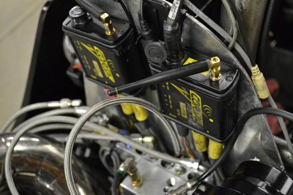 One of the most invaluable tuning tools on the dragster is this Corsa data logging system, which is used to monitor intake and exhaust pressures, output shaft speed, engine and oil temperatures, turbo speed and even crankcase pressure, so the team can head off problems before catastrophic damage occurs.