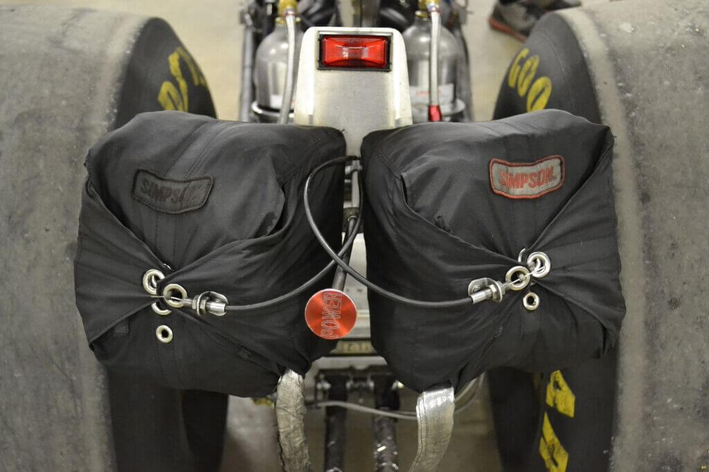 Stopping from more than 220mph requires twin parachutes, which are from Simpson Racing.