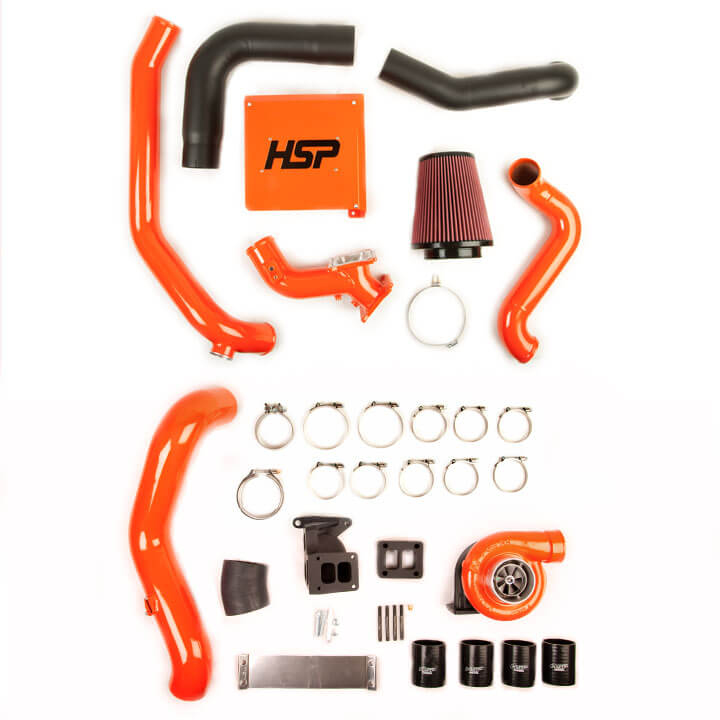 1. HSP Diesel of Romeo, Michigan, offers one of the most complete, well-built, cleanest S300 turbo systems on the market available for the 2001 to 2010 GM Duramax. Looking to increase airflow to the engine, HSp Diesel cuts no corners and includes mandrel-bent piping and a high-flowing, 3-inch, hand-fabricated Y-bridge. Also included in the kit is a cast T4 pedestal from HT Turbo, billet T4 spacer block, fabricated high-flow 4-inch intake system, two-piece downpipe, stainless braided oil feed and drain lines, gaskets, clamps, and required hardware.