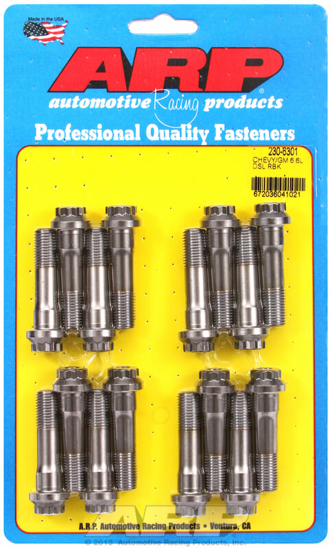 This carded package contains rod-end main-cap bolts for the GM 6.6L Duramax: two bolts per rod and eight rods worth of super-strong rod bolts.