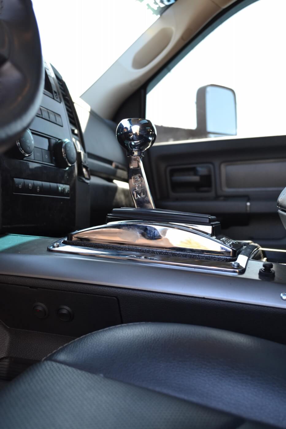 4. The factory shifter can be retained on Dodge and other applications; or a custom shifter arrangement like this floor shifter can be incorporated.