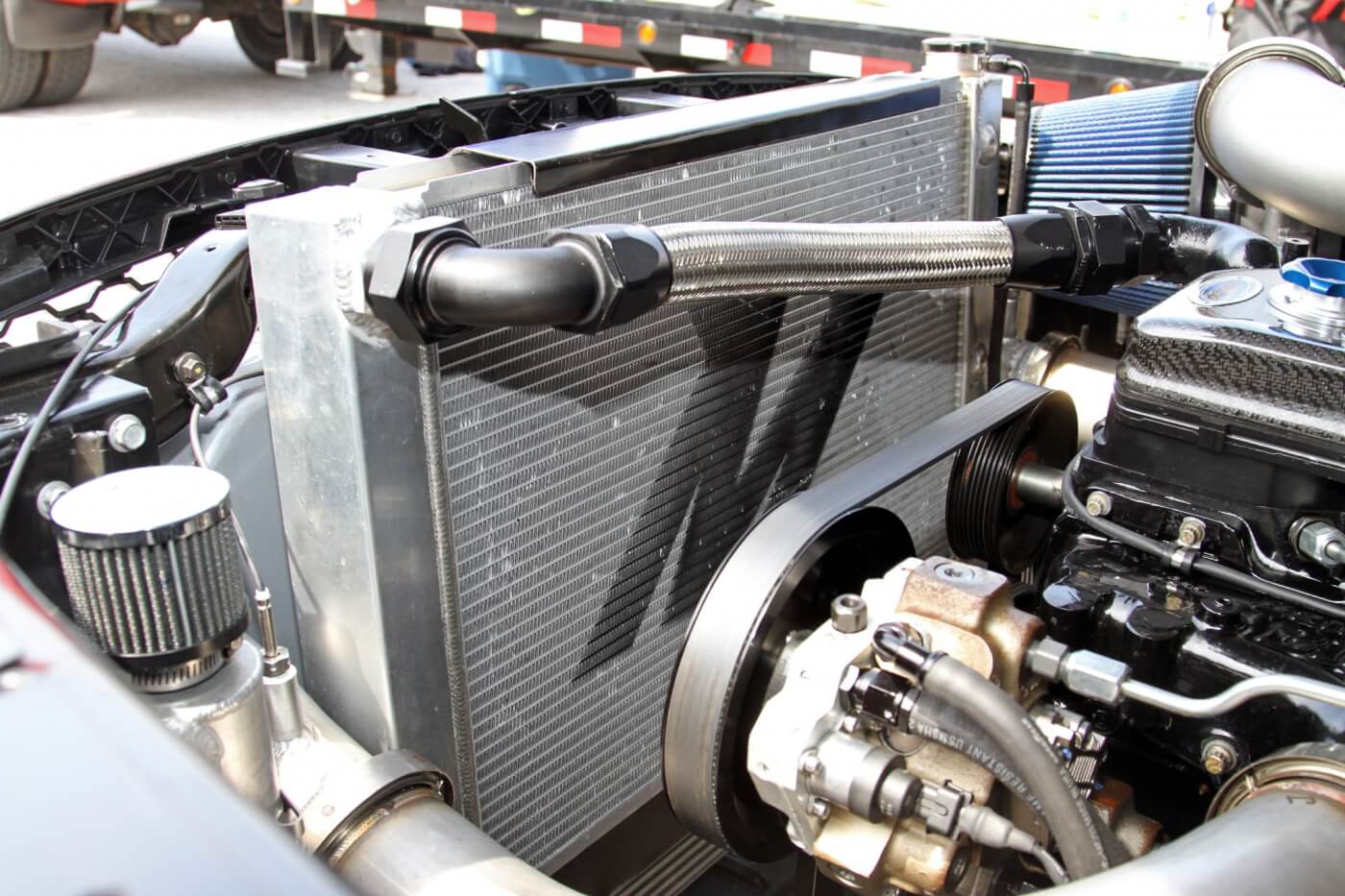 Milliken relies on a Mishimoto aluminum radiator to keep the powerful Cummins cool, as well as a Mishimoto intercooler to keep the intake charge cool when the truck reaches top speeds.