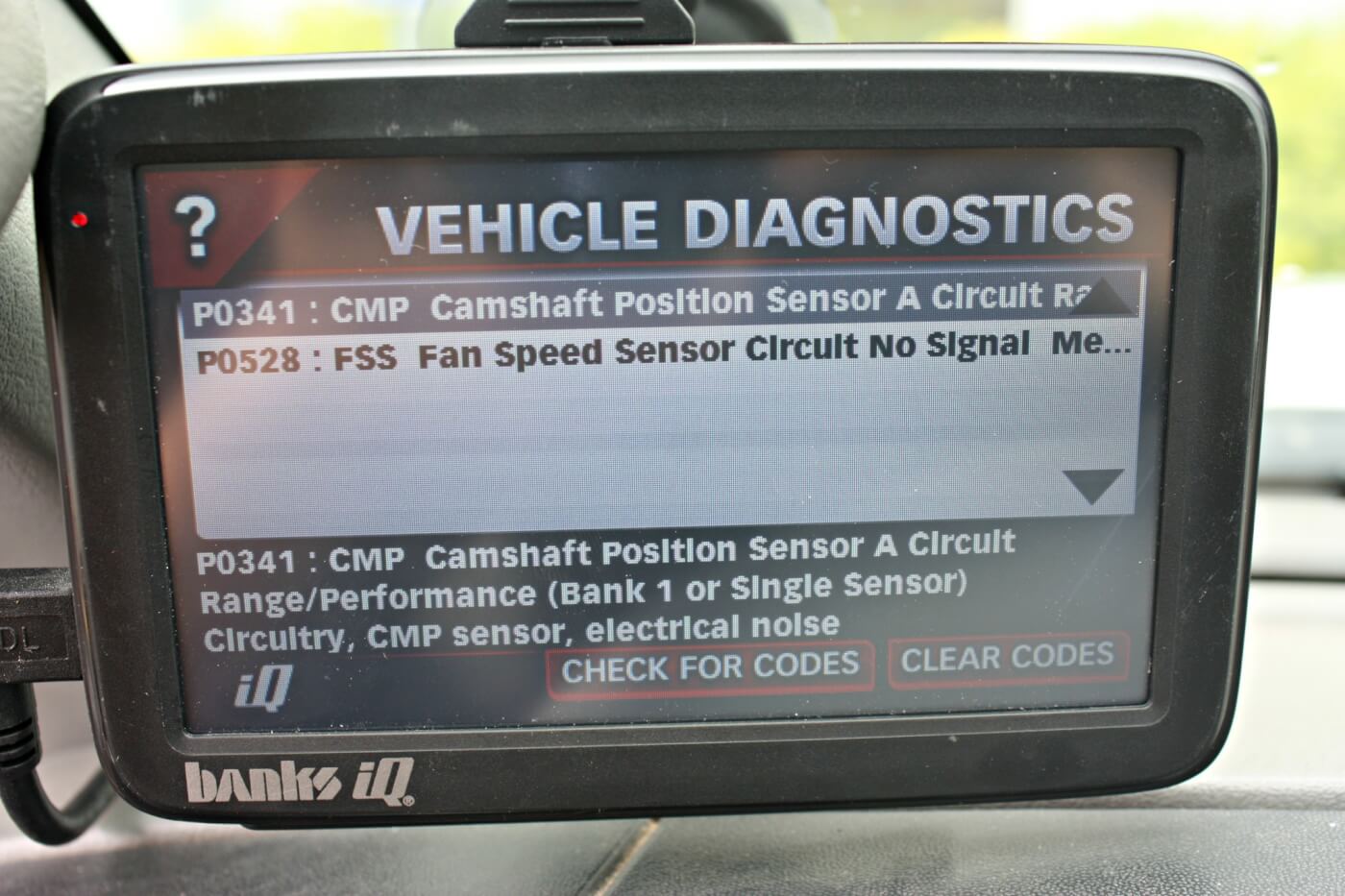 16. The Banks IQ can also be used to scan and clear diagnostic trouble codes found within your Power Stroke engine. In this particular test vehicle, a P0341 codes informs us of a Cam Position Sensor error along with a possible issue the owner was not yet aware of with the engine fan clutch assembly.