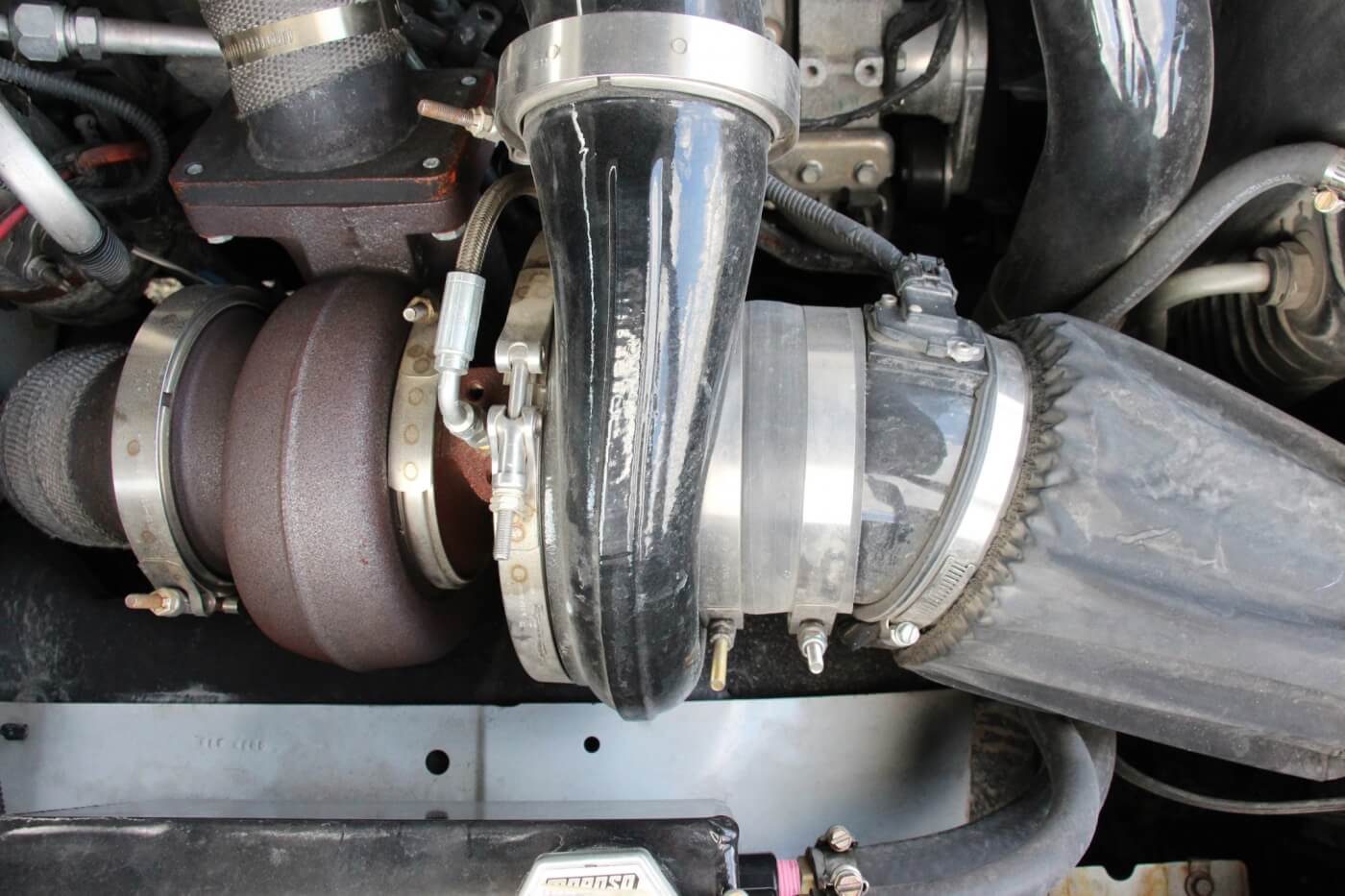 A compound turbo arrangement from Wehrli Custom Fabrication makes the truck extremely fun to drive. The setup utilizes a T6 flanged billet compressor wheeled BorgWarner S475 as the atmospheric unit (shown).