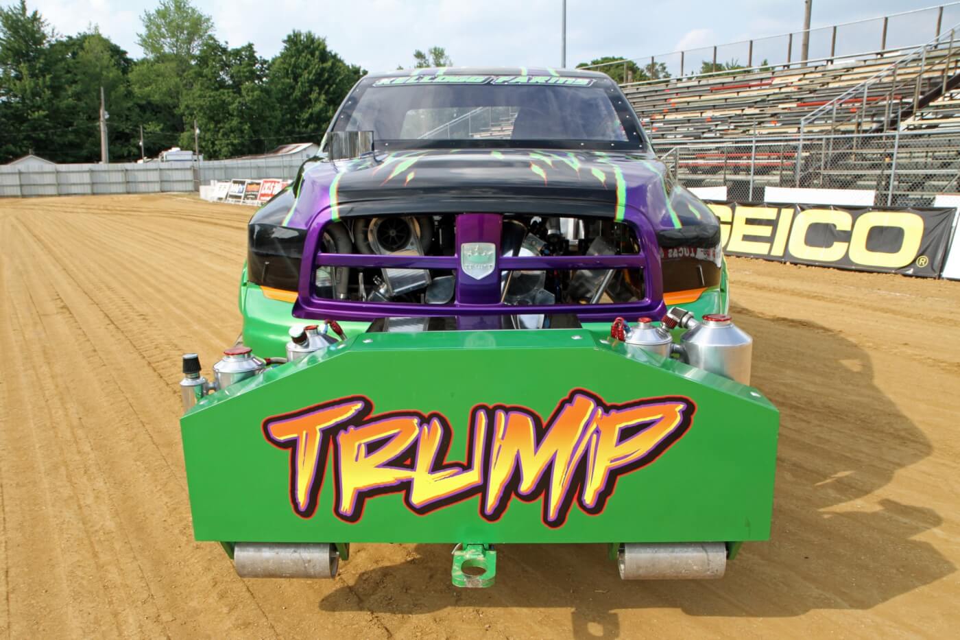 Shane Kellogg hopes his truck trumps the field and is not ashamed to show it. The aluminum tanks behind the weight box hold oil for the turbos, water for the injection system, diesel fuel and engine oil from left to right.