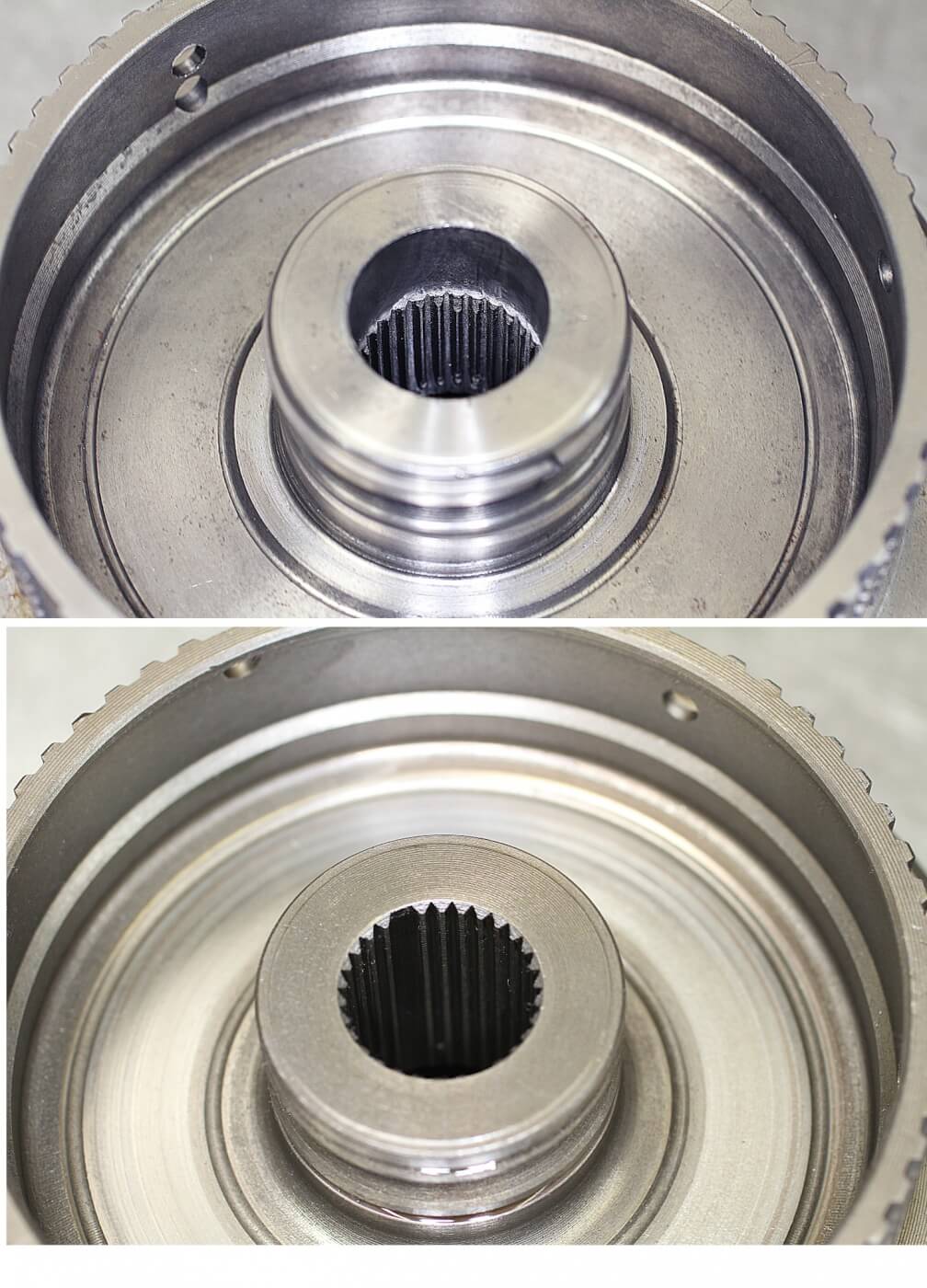 6. This is the forward clutch drum, and it is used in all 4 forward gears. There are two styles; one has less spline engagement (top). Remac checks the spline for wear and replaces the clutch drum as needed. They also upgrade the unit to the full spline style (bottom) if yours is a half-spline style for more durability and longevity. 