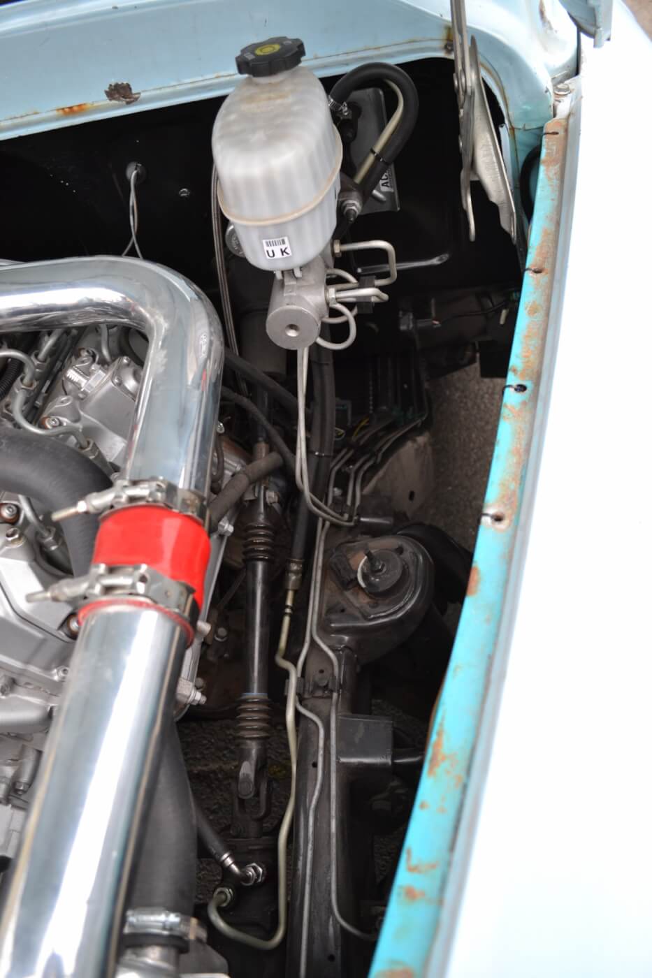 The hydroboost braking system was adapted to the '58 Chevy's body when Bill did the swap so that he could actually stop. A driver's side exhaust manifold from Pacific Performance Engineering was also fitted at the same time to improve airflow to the turbocharger.
