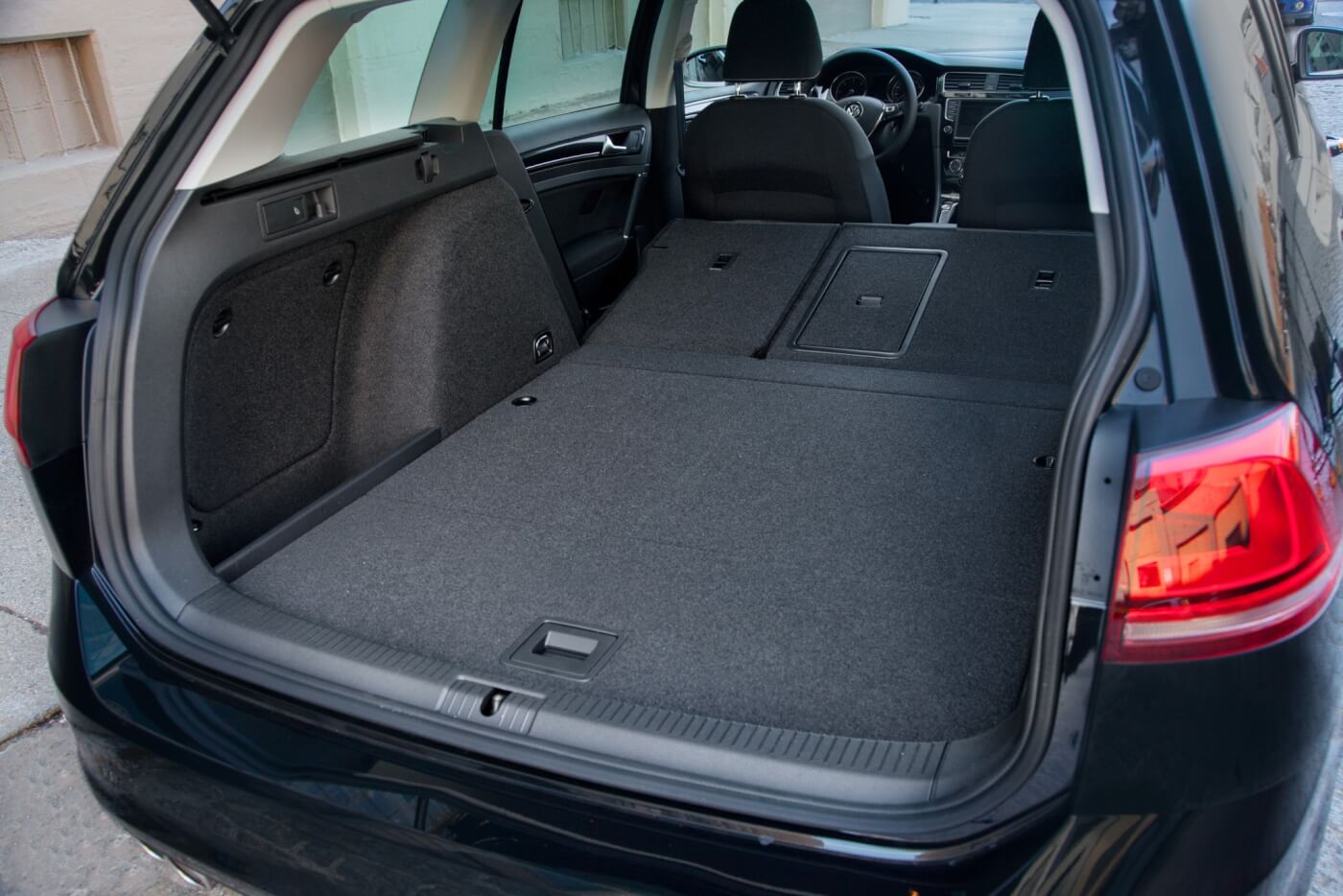Here you can see a comparison of the Golf SportWagen’s cargo capacity with the rear seats up and folded down. This little car has lots of carrying space: 30.4-Cu. Ft. with the rear seats up and 66.5-Cu. Ft. with them down. 