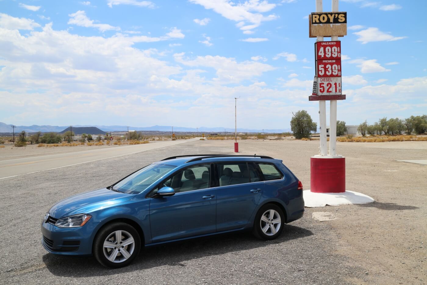 In our travels, testing mileage on desert back roads, we found what might be the most expensive diesel fuel in California. This lone station in the middle of the Mojave Desert is the only game in town…for miles around. However, with the amazing mileage of the TDI engine, we just stopped for a photo!