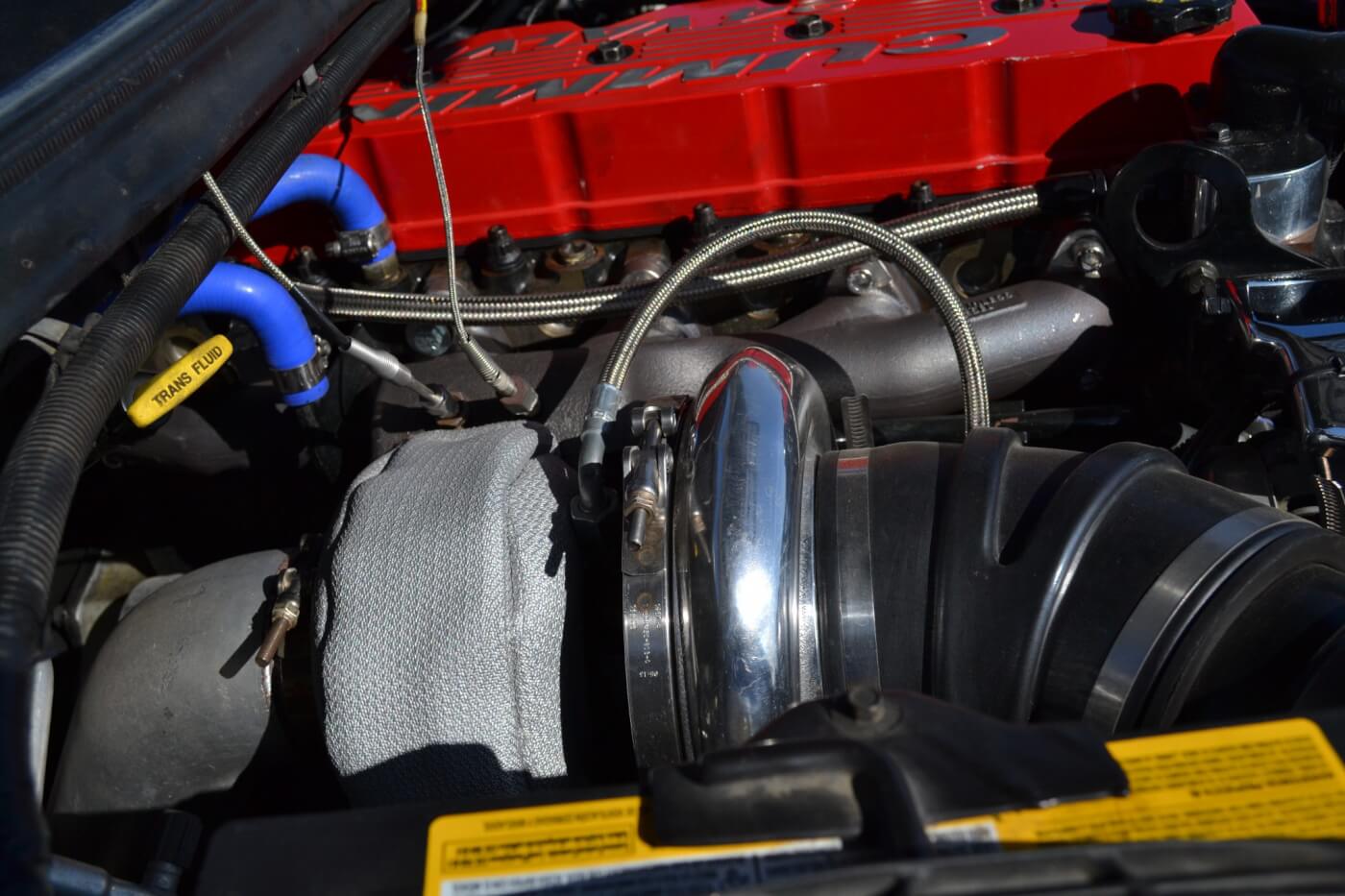 A single 67.7mm turbocharger from BorgWarner is responsible for making more than 60psi of boost. Exhaust exits via an HX40-style 4-inch downpipe, which connects to a 5-inch MBRP exhaust.