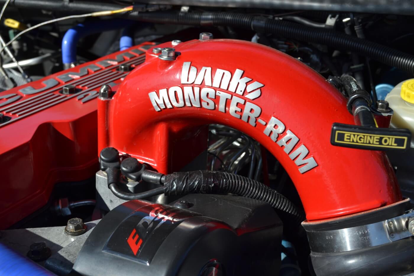 In addition to the intake and exhaust upgrades, airflow into the engine has been improved as well, with the addition of a Banks Monster-Ram intake horn.