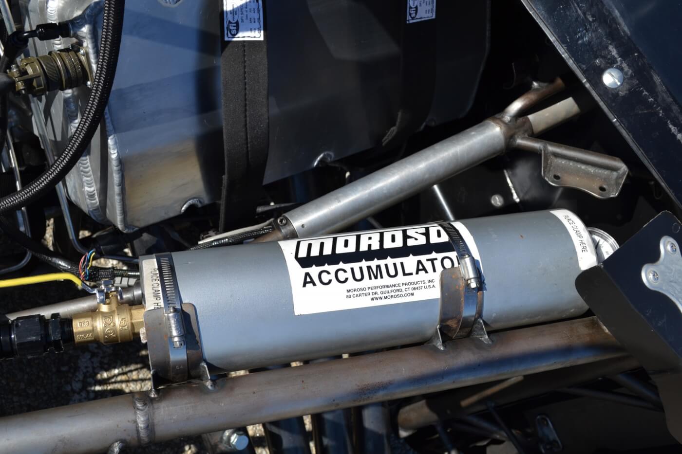 With so many one-off pieces, a Moroso oil accumulator was employed at start-ups to reduce wear. The accumulator will also fire off quarts of oil instantly in case the engine ever loses pressure, to prevent bearing, ring, or other engine damage.