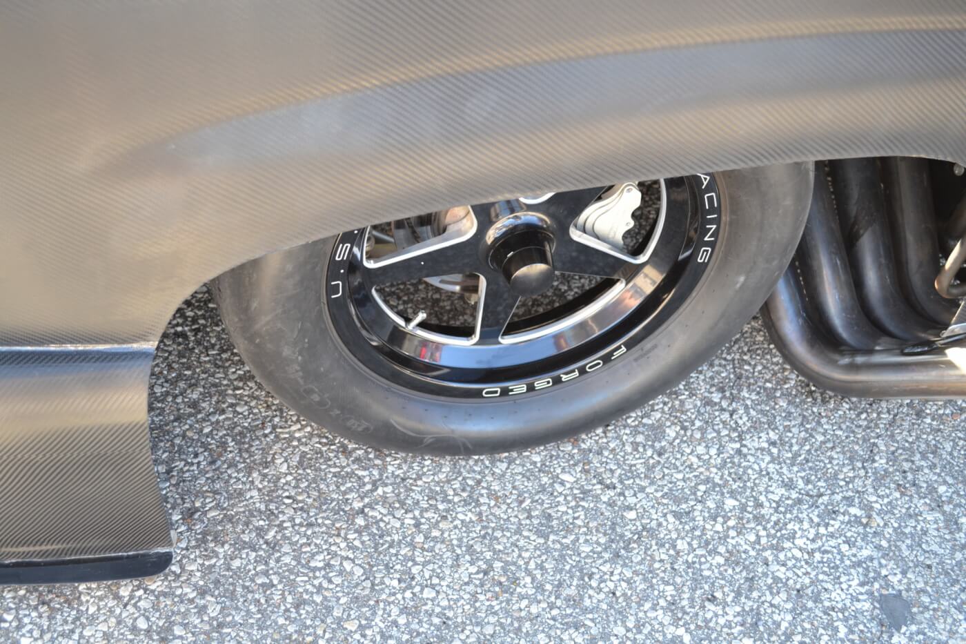 The front wheels are also from Weld, and are for drag racing purposes only. The spindle-mount wheels weigh an incredibly light 9.5 lbs. and cut down on both rotational weight and rolling resistance with the skinny drag tires.
