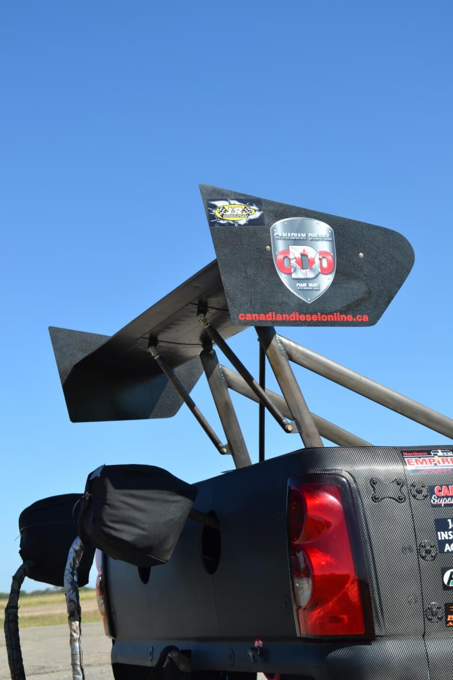 The team is aiming high when it comes to performance. The rear wing is a Top Fuel-style unit that provides an awesome amount of down force at the top end of the track to keep the truck straight, while the dual parachutes are an NHRA requirement in case the truck tops 200 mph in the quarter-mile, which is a very real possibility.