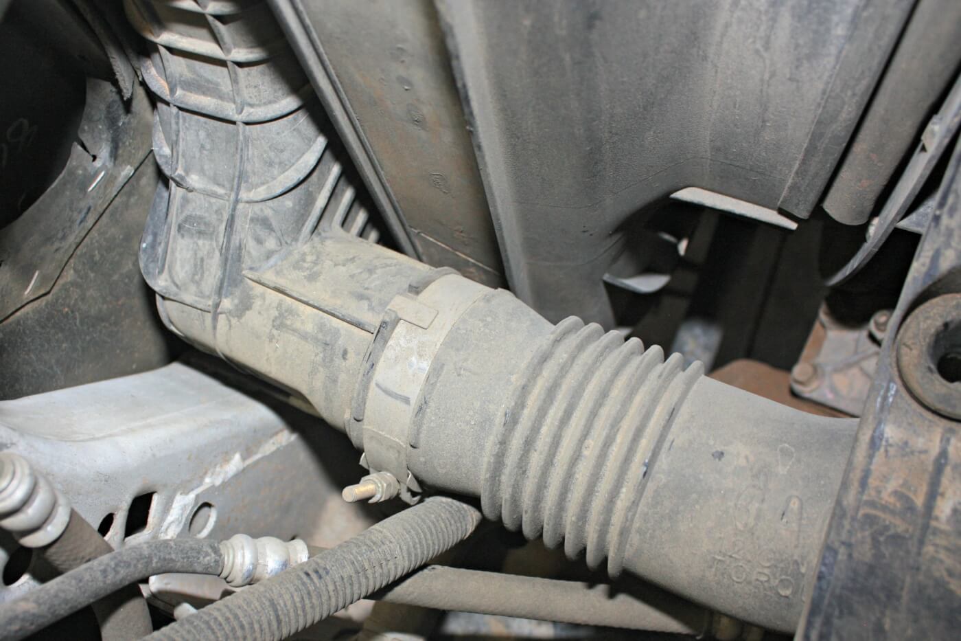 7. On this 2005 model year truck, the driver side (cold side) intercooler pipe is actually made of a plastic that has been known to blow out under heavy load and high boost applications. Just one more reason to upgrade to the mandrel bent 3.5-inch steel pipes included with the Technicooler kit.
