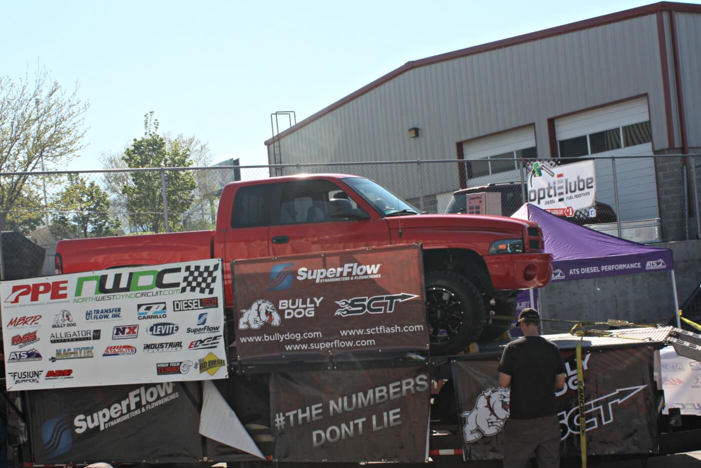 Competitors and spectators couldn’t have asked for better weather for a little Saturday diesel-junky get together in April. With temperatures in the high 70s, over 40 trucks were able to get on the dyno and flex their muscle. Joey Leeper’s clean 2002 24V stock turbo Cummins put down a respectable 378 hp.
