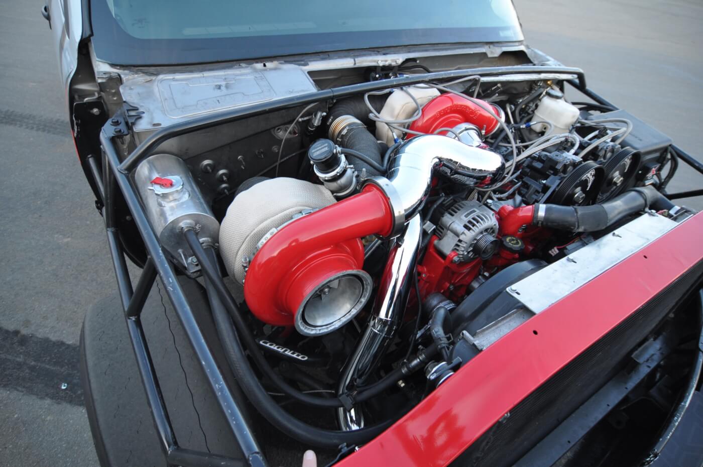 The turbo system is a custom setup with Industrial Injection S480/S510 compound turbo combo. 
