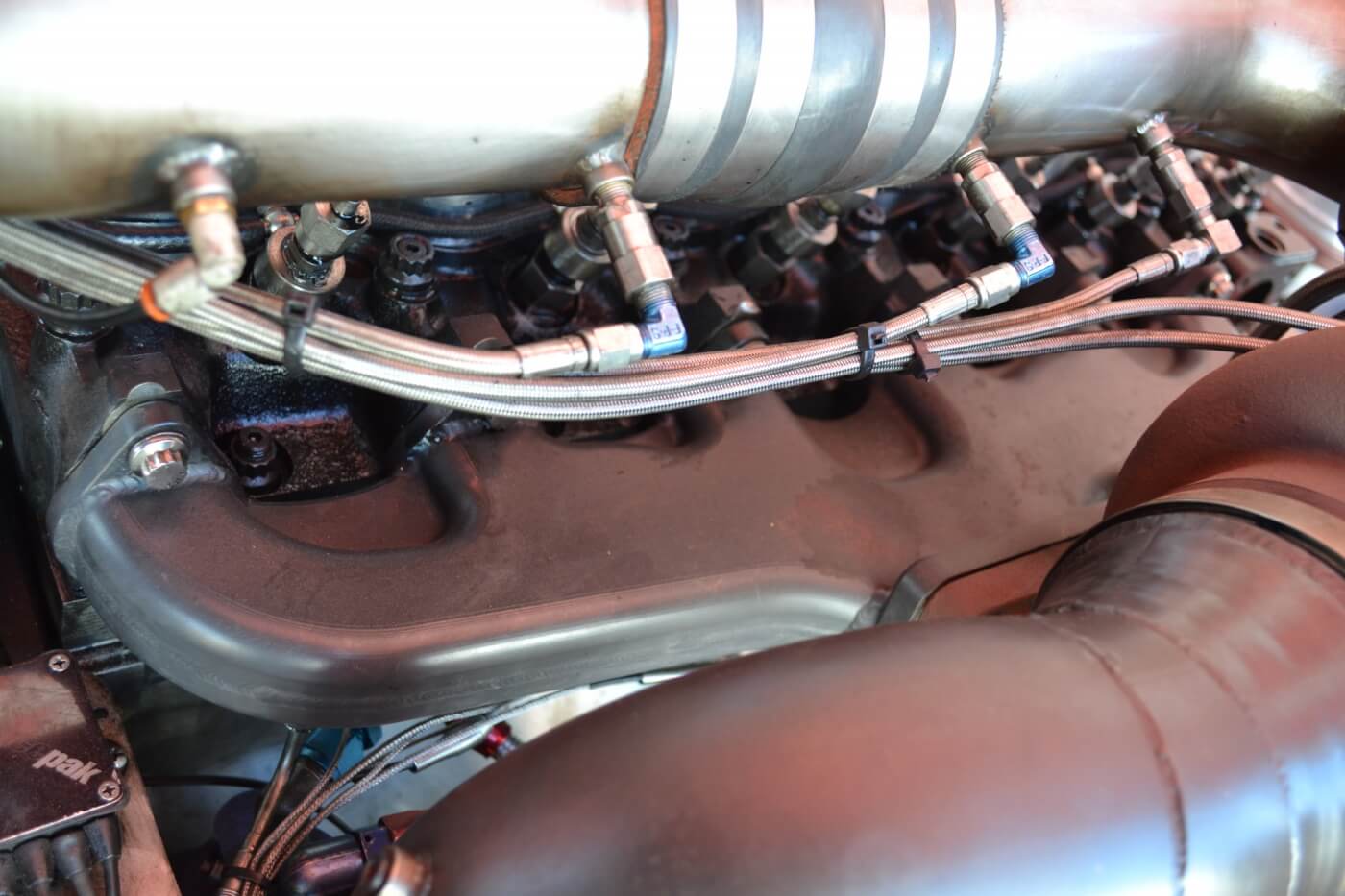 A Steed Speed exhaust manifold with a T6 flange is both larger, better flowing, and tougher than a factory Cummins exhaust manifold. For John's engine, it was the perfect choice.
