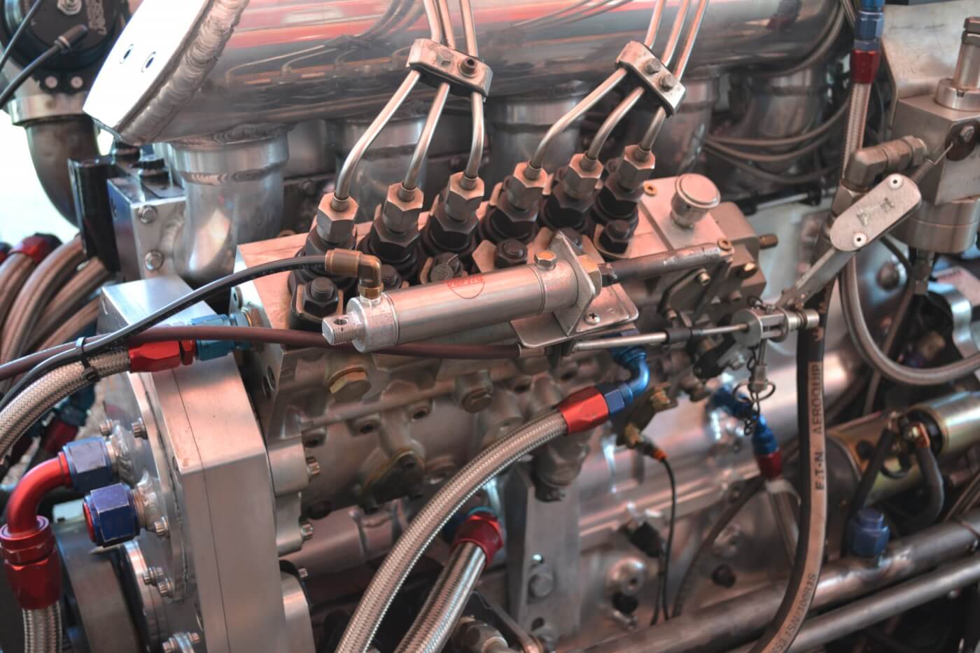 Most p-pump engines are based upon the Bosch P7100 pump, but John's engine uses a highly modified P8600 unit, with 14mm plungers, a custom pump camshaft, and coatings throughout the unit. Built by Scheid Diesel, the injection pump is capable of more than 1,000 cc of fuel flow.