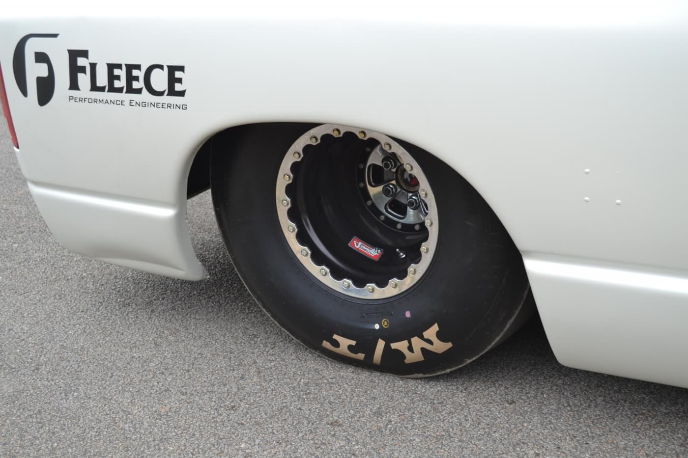 Traction is all-important in drag racing, and a set of large by huge 35x15x15 Mickey Thompson slicks keep the rear of the truck planted to the asphalt. The rear brakes are also from Wilwood, and are dual-caliper versions. Wheels are large 15x12-inch pieces from Sanders. 