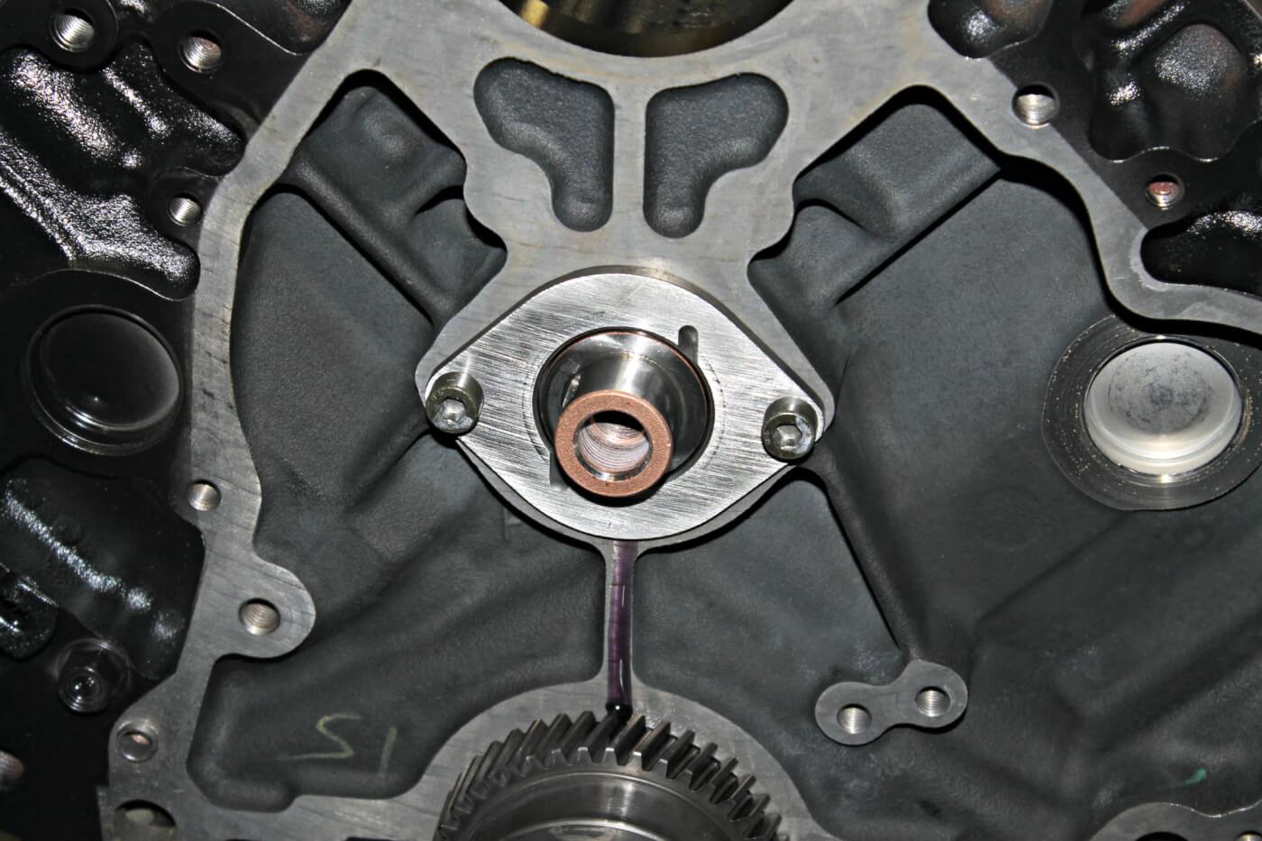4. Once installed in the engine block, the camshaft has a small two-bolt retainer that holds it in place. All performance camshafts offered by Empire Diesel come pre-machined with a keyway on the end to help with locating the timing gear set. The keyway is a much stronger design than the factory dowel pin, which has been known to shear off in higher-performance applications.