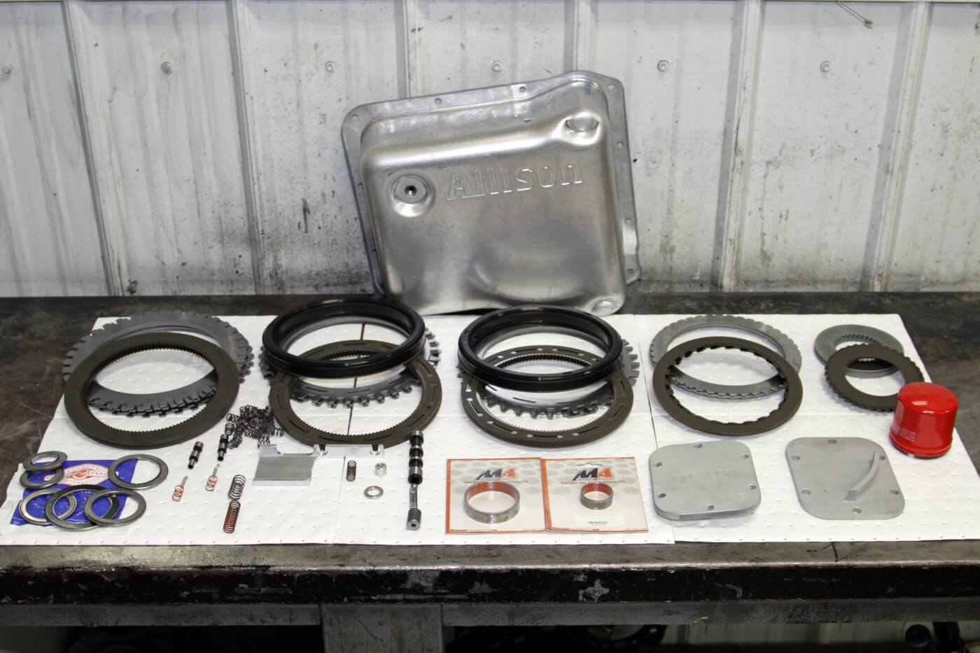 1. When building an MA450 they use everything shown here including new clutches and steels, Torrington bearings, bushings, TransGo shift kit and a deep Allison pan along with the Goerend PTO covers.