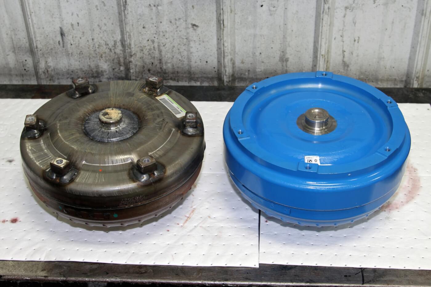 32. To better transfer engine power to the transmission, Merchant uses a new single disk torque converter with a billet front cover that’s much stronger than the factory stamped steel torque converter shown on the left.