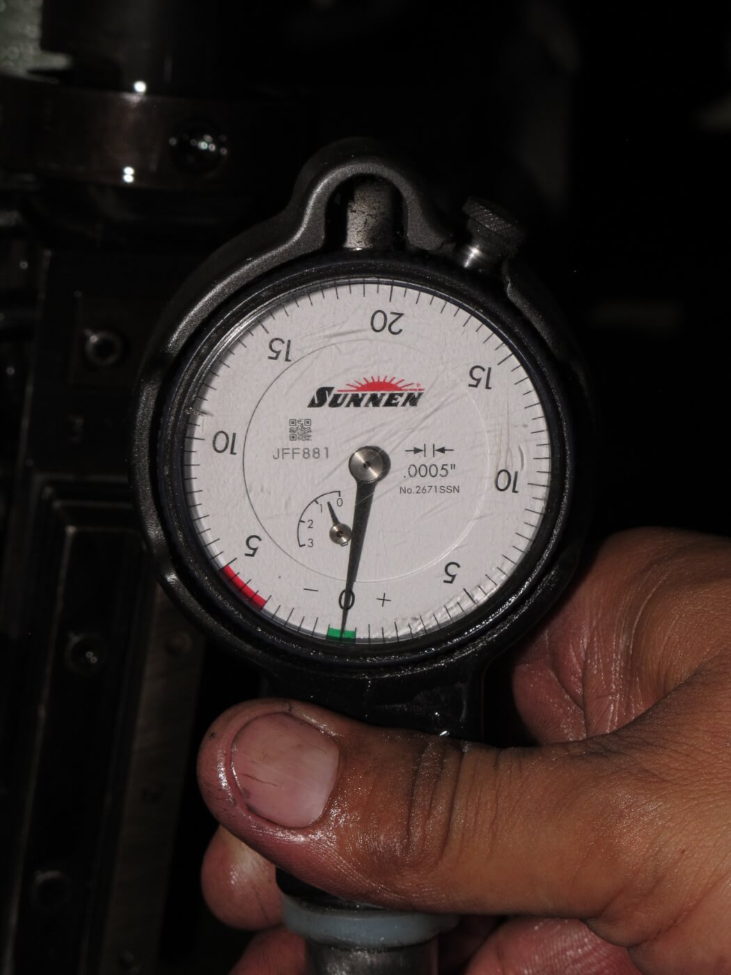 5. This Sunen bore diameter indicator is used to check the cylinder bore diameter and taper. It reads in at .0005, half a thousandth less than the diameter of a human hair. 