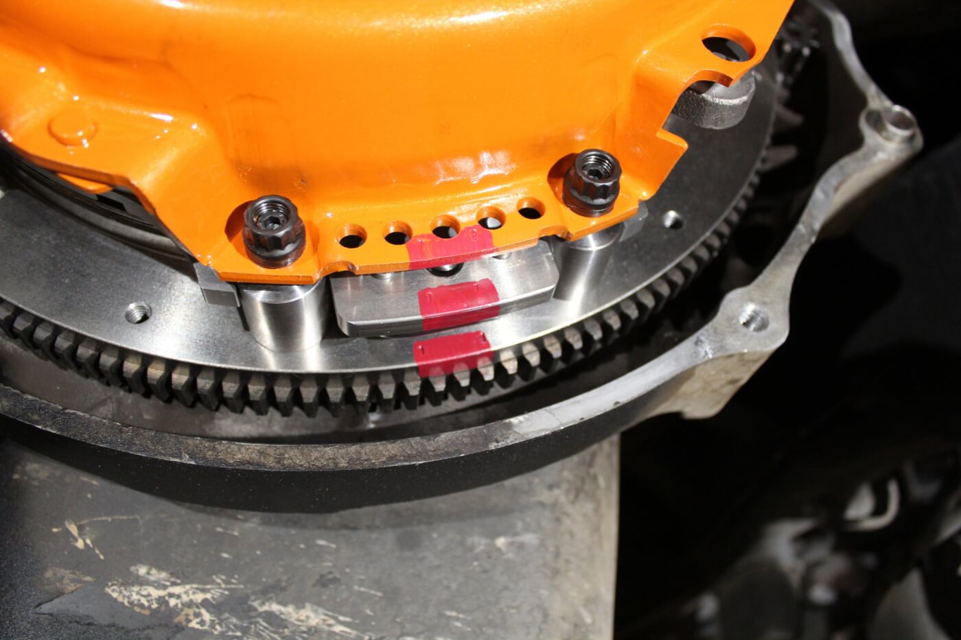14. As a final check, make sure the paint marks line up on the flywheel, floater disc, and pressure plate. Centerforce balances the entire clutch assembly as one unit and then marks the individual components accordingly. This is one more step to ensure that noise and troublesome engagement are eliminated.