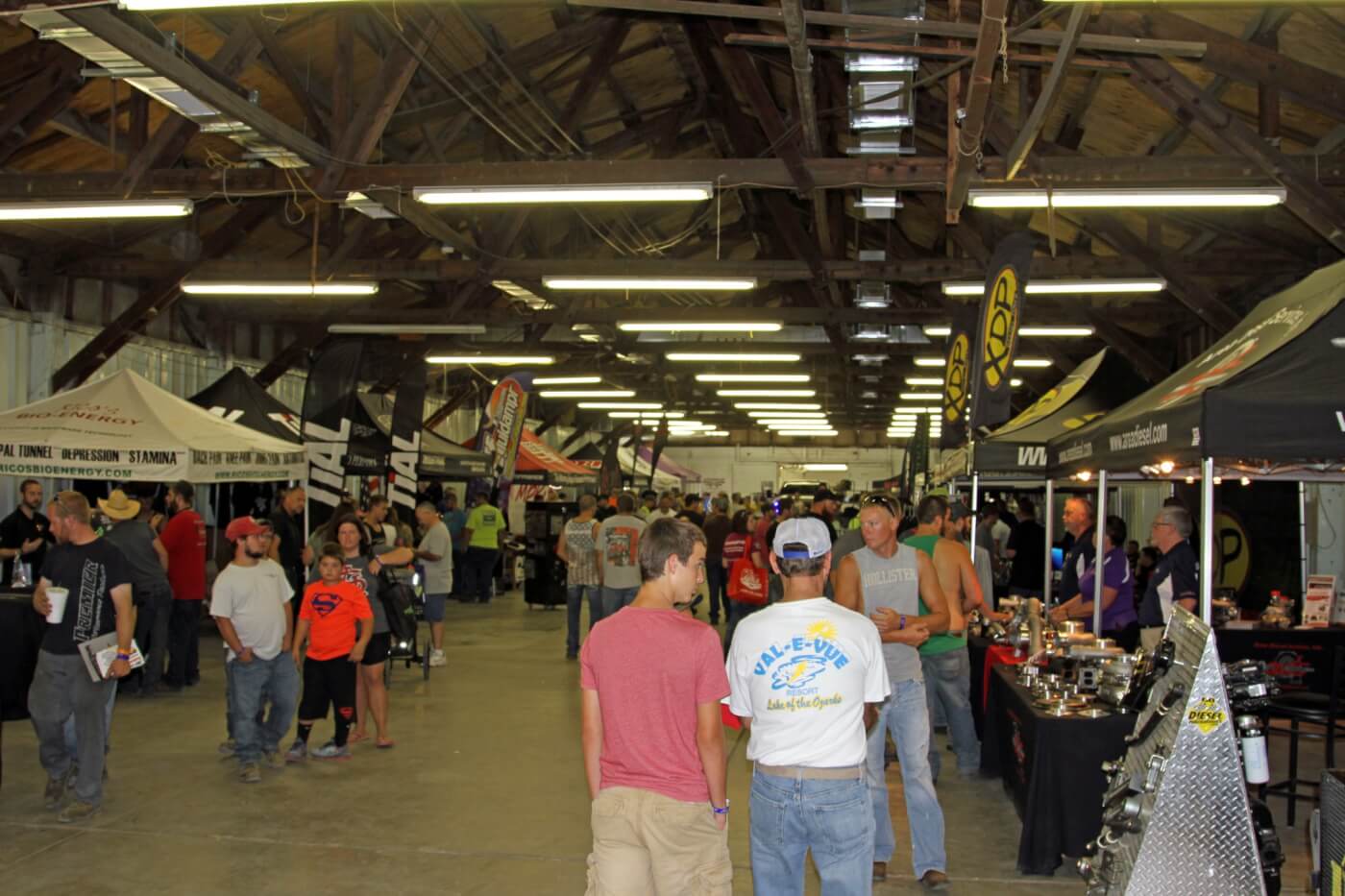 Vendor booths flank the sides of the indoor manufacturer’s midway, allowing spectators to check out the latest and greatest diesel performance products.