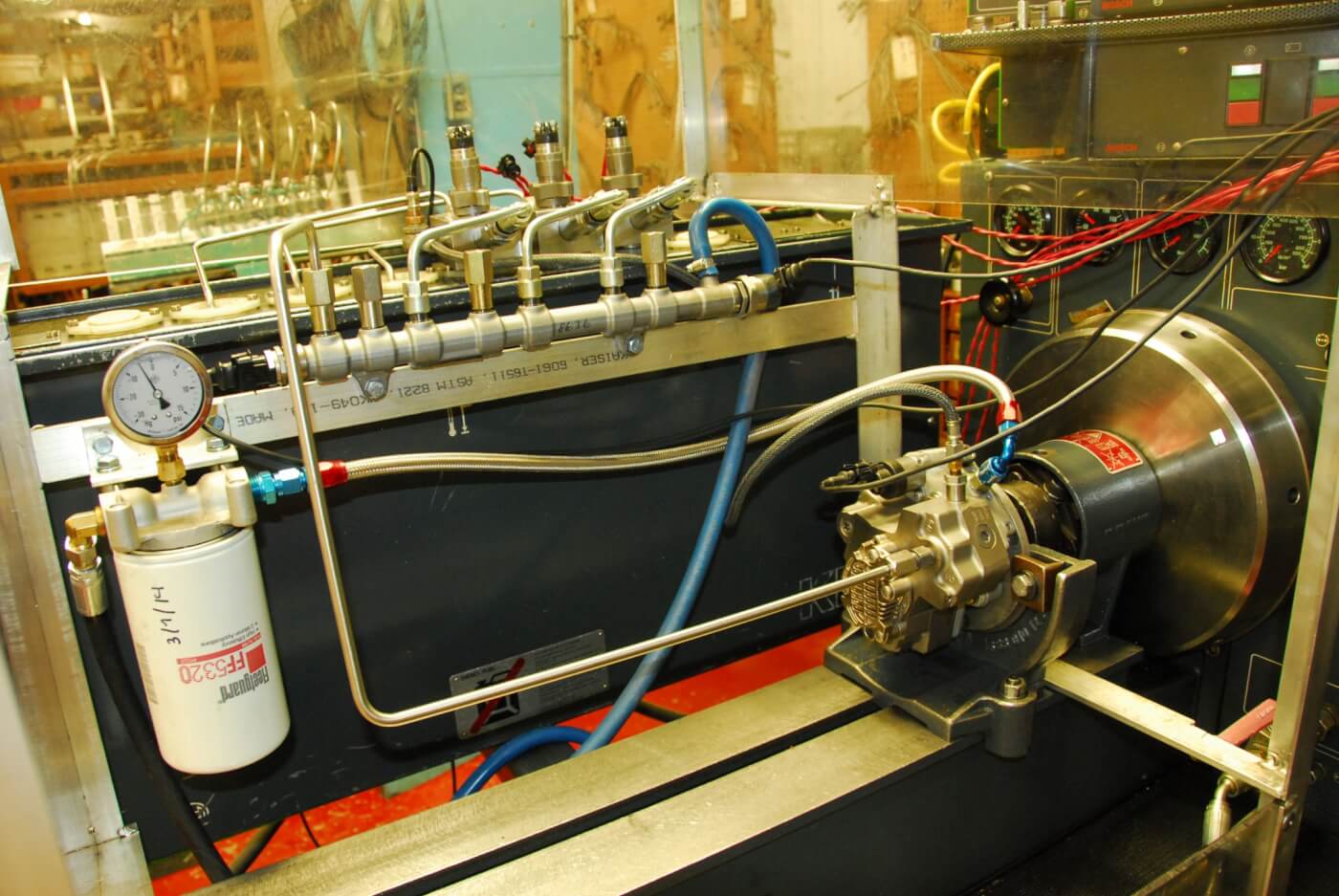 Scheid’s test cell evaluates the flow accuracy of a CP3 pump and common rail injectors. It evaluates the pump’s rpm and has a common rail attached with sensors, so the pulse width can be adjusted to three or four fuel set points.