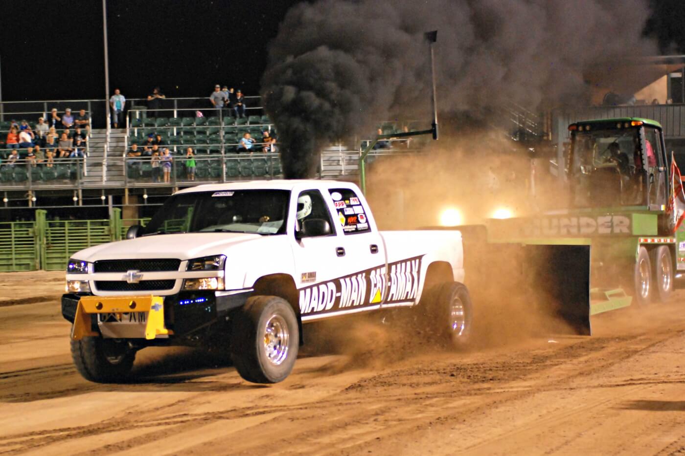 Dan Madden’s ‘Cat-A-Max’ twin turbo Duramax placed second in the 3.2 Inducer class with a strong 275.5-ft. pull. Had he been able to keep all six tires planted to the dirt, first place may have been within reach.