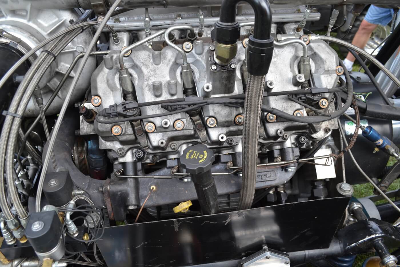 The long block in Kyle's rig is one of the stoutest Duramax engines we’ve ever seen. The block is from a 2011 LML, is filled, and equipped with ARP main studs. The engine also has a one-off Sonny Bryant crank, Carrillo connecting rods, and 15:1 Mahle pistons. Surprisingly, the block and Wagler Racing CNC cylinder heads are not fire-ringed, but do have custom 625 studs holding everything together along with an OEM head gasket. Exhaust manifolds are from ATS, and the AFO cam is a custom grind from Crank It Up Diesel. Smith Brothers pushrods and Wagler Racing valve springs with factory rocker arms round out the long block.
