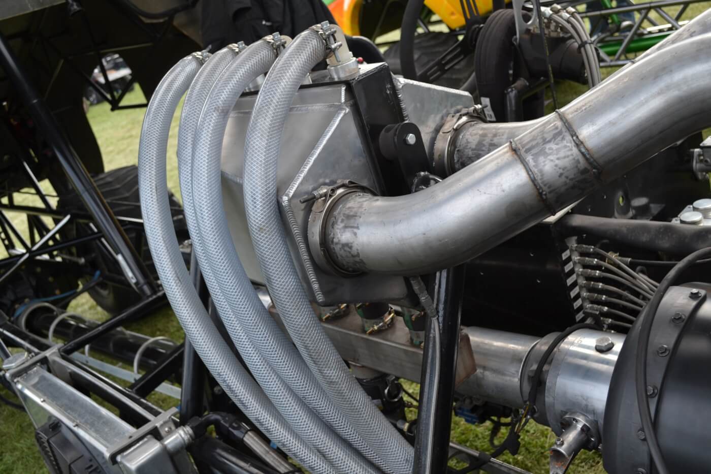 A heavily reinforced Precision air-to-water intercooler is used to control intake air temperatures down to slightly above ambient. The piping for the intercooler was built by Crank It Up Diesel, and the system consumes more than 80 lbs. of ice per pass.
