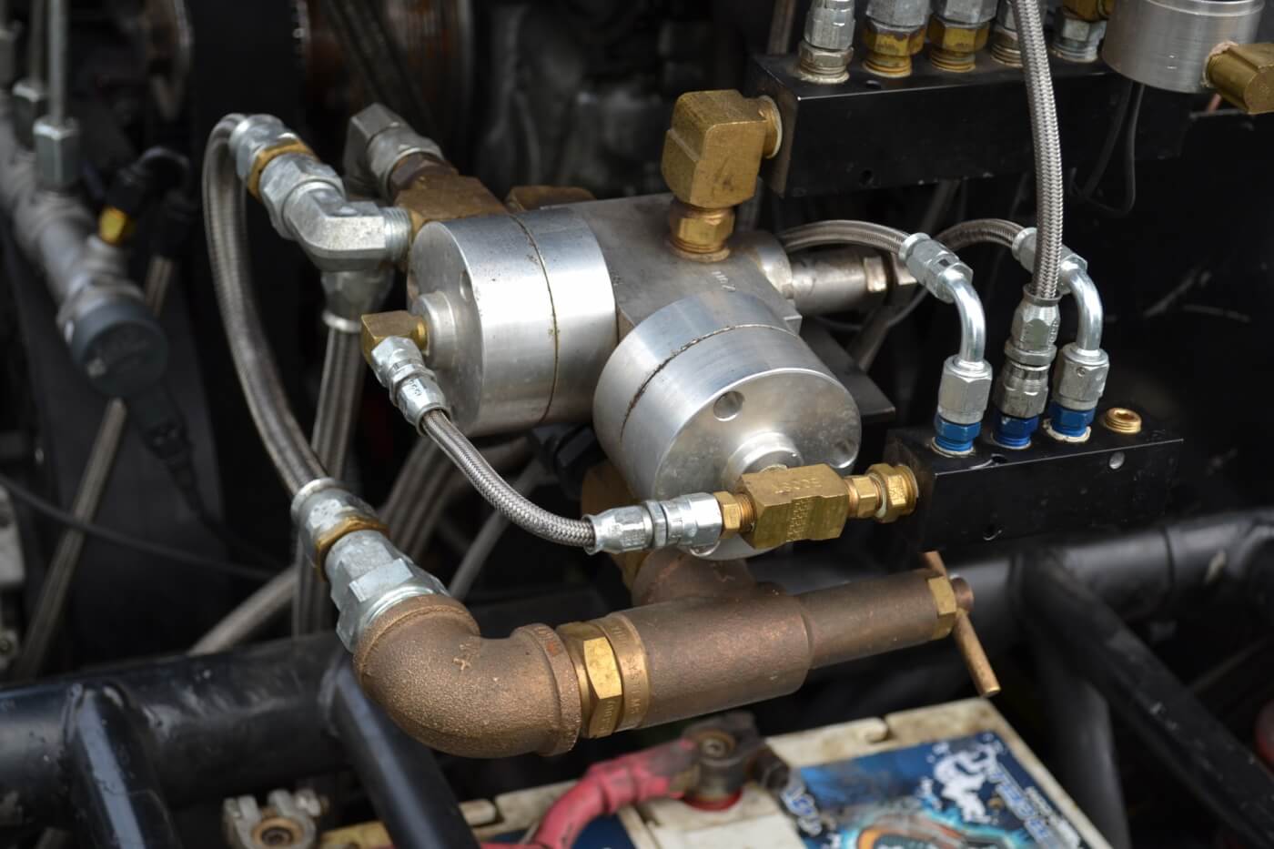 Kyle informed us that a water injection system is vital in an application such as this. The 1,000-psi mechanical setup is used to set EGT wherever Kyle wants. "If it's not a points pull, we can drop the EGT as low as 1,300 degrees, but we'll lose as much as 200 horsepower." Full tilt, Kyle runs 1,500 to 1,600 degrees for maximum power.