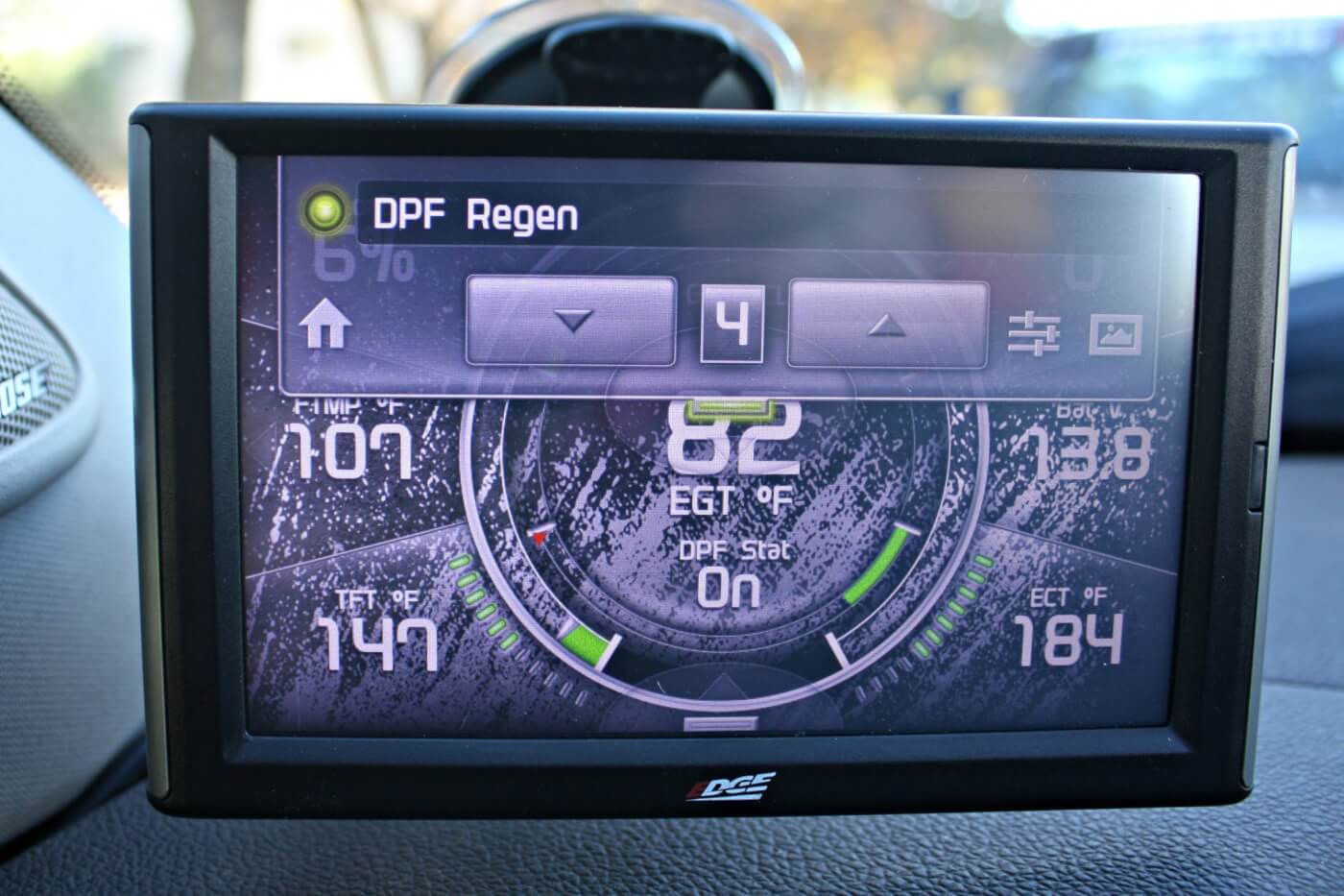 17. A nice feature to the Juice with Attitude is the ability to change power levels while driving, a simple drop-down screen gives the driver access to five different power levels and will also display DPF status. On the chassis dyno at the Edge Products facility, the all-stock truck produced 319hp/616ft-lbs. torque. After our installation was complete, the AFE Power parts and Edge Juice was set on level 5; our truck peaked at 410 hp and 775ft-lbs. and saw gains of 91 hp and 159ft-lbs., all while keeping 100-percent emissions compliant.