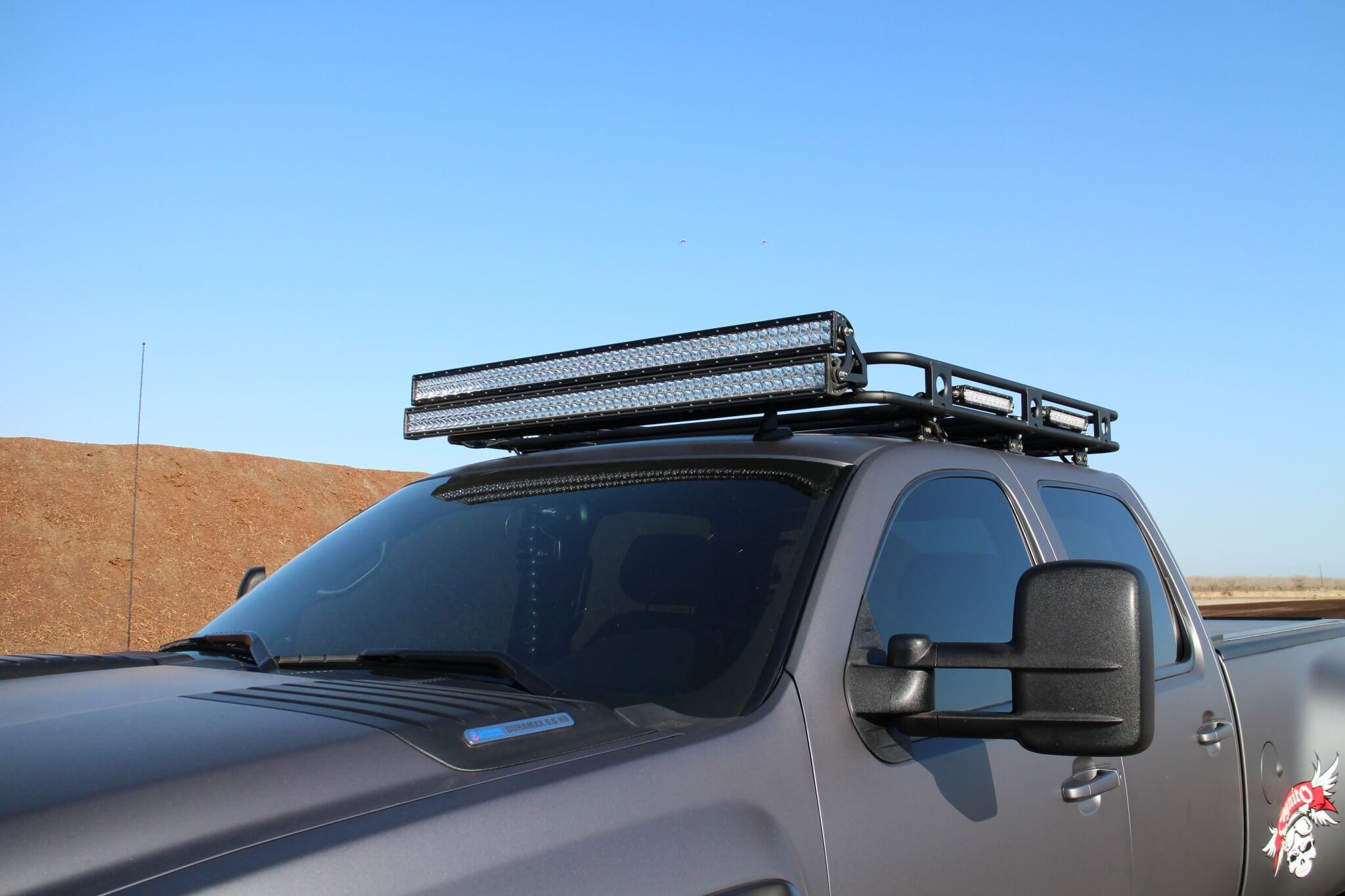 A Smittybuilt Defender roof rack was fitted with two stacked Rigid Industries 50-inch LED light bars up front, two 10-inch bars on each side and a single 30-inch bar to the rear. 