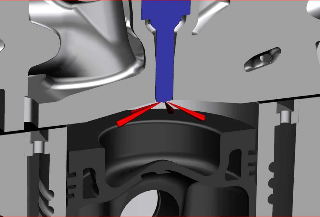 3. The GDCI engine uses a single injector poised among splay valves. The solenoid injector does not emit any fuel until after TDC, and then follows with other injections. Note the deeply dished diesel-style piston.