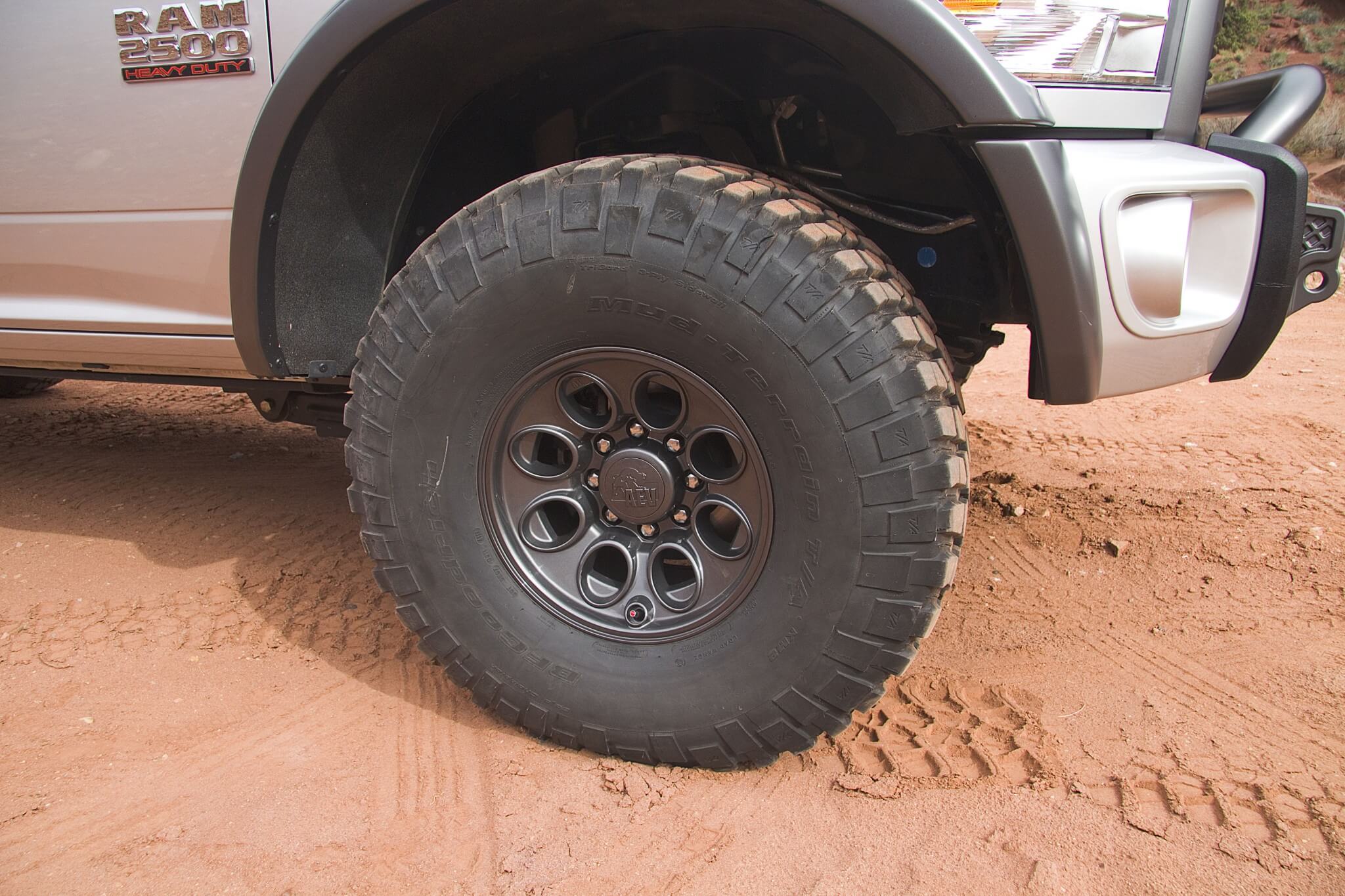 The AEV ram has two tire options, 37- and 40-in. Seen here is the 40x14.50R17BFGoodrich Mud-Terrain T/A KM2 40x14.50R17 tire option. Mounted on the AEV wheel, these load range C tires ride great on pavement and trail, and work well in the rough. This huge tire looks stock thanks to the AEV suspension package. 