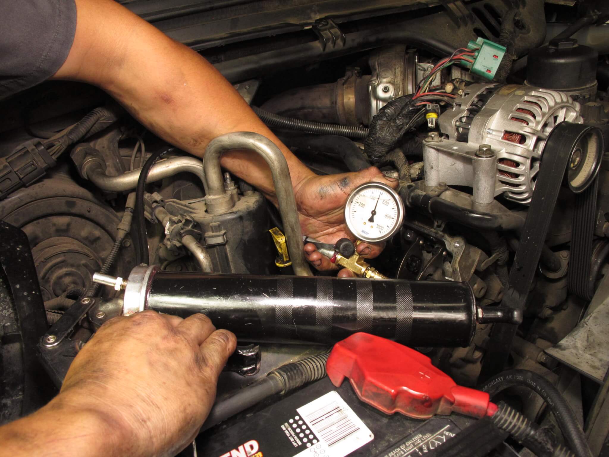 14. To obtain the pressure needed to force the sealant into the injector bore crack, hydraulic action is required. A simple grease gun is all that’s needed but a special tool in the kit ensures that you reach the proper pressure.