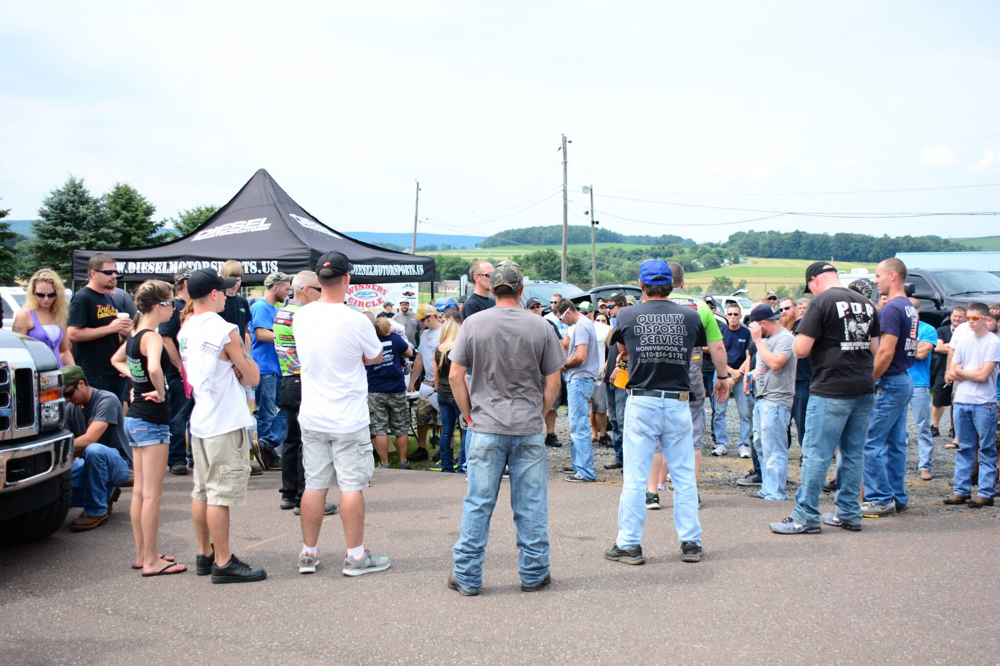 Here you see the drivers’ meeting with track/Diesel Motorsports officials before the elimination rounds of the diesel-only drag racing.