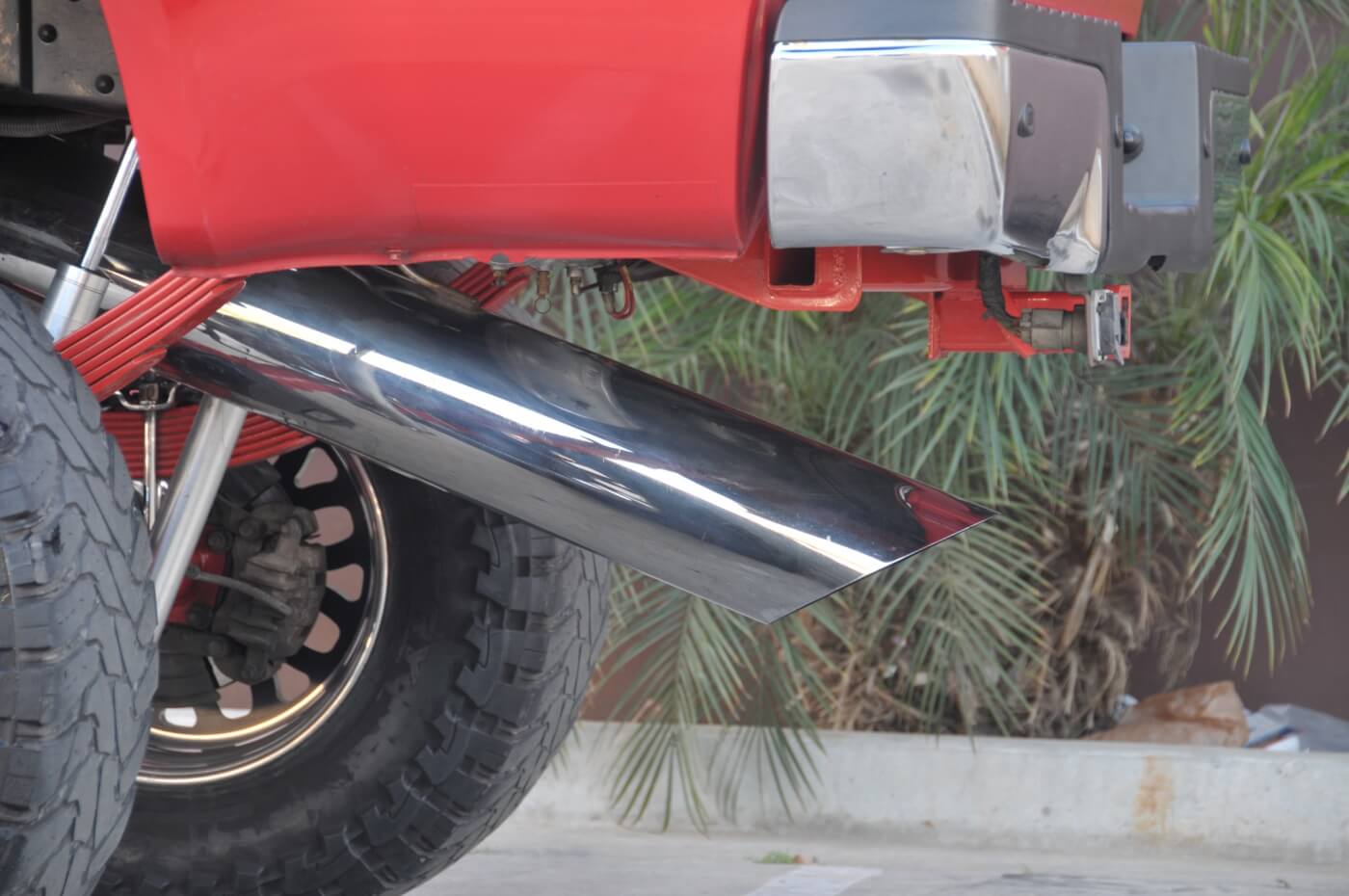 This might be the world’s biggest exhaust tip—it’s a big rig stack cut down and adapted to the 4-inch MBRP exhaust system.