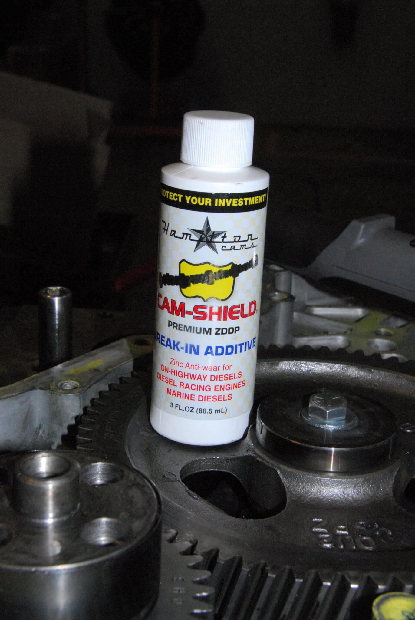 4. Along with assembly lube on the cam lobes and followers, Hamilton requires the use of their high-zinc Cam-Shield break-in lube. This is especially important for a high-performance diesel cam as standard engine oil may not provide a proper break-in.
