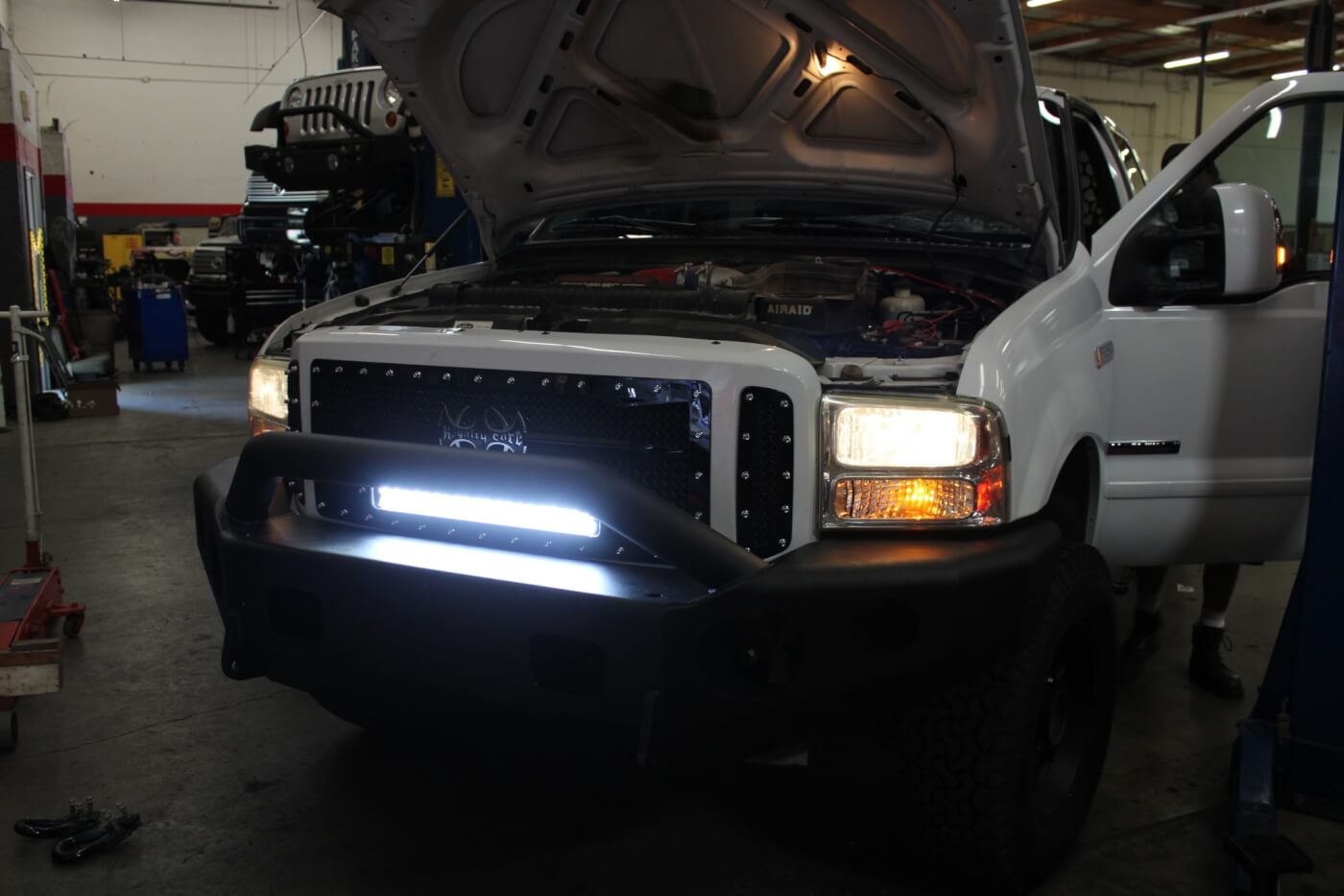 18. A quick check verifies that the Vision X light bar is working and also gives us a glimpse of what the truck will look like after dark with the light bar on. Our installation is wired so that the light bar can only be switched on with the headlights.