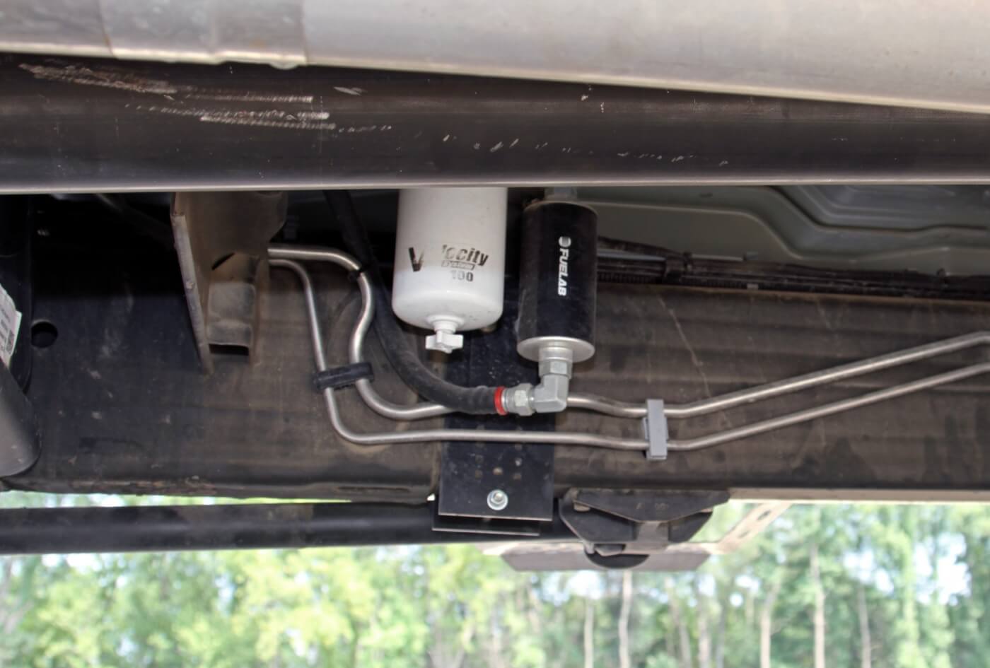 A Fuel Lab 100 GPH pump and filter system, mounted on the frame rail forward of the fuel tank, ensures adequate fuel flow to the modified Duramax.
